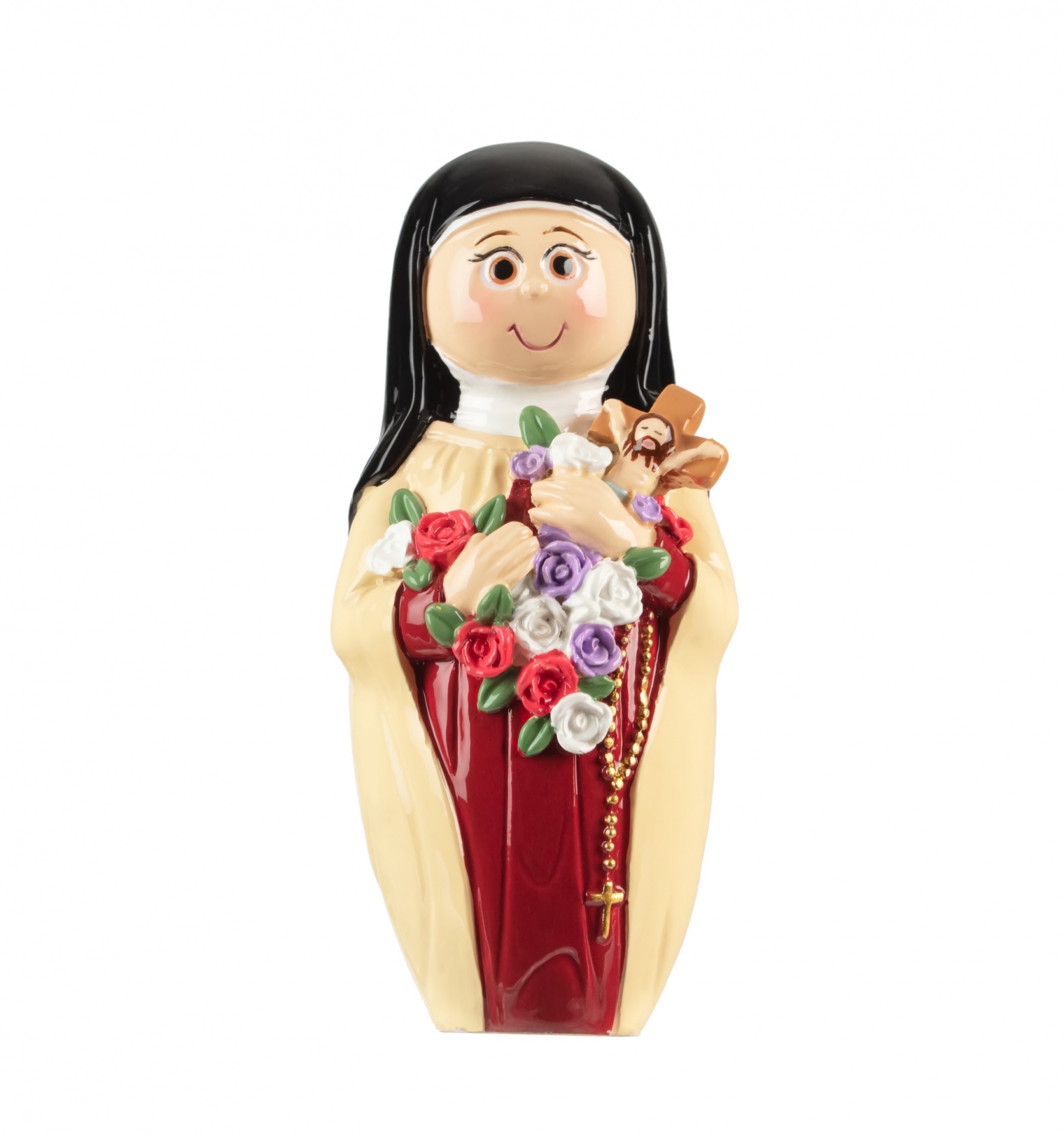 Estatueta cerâmica de freira com ramo de flores e terço