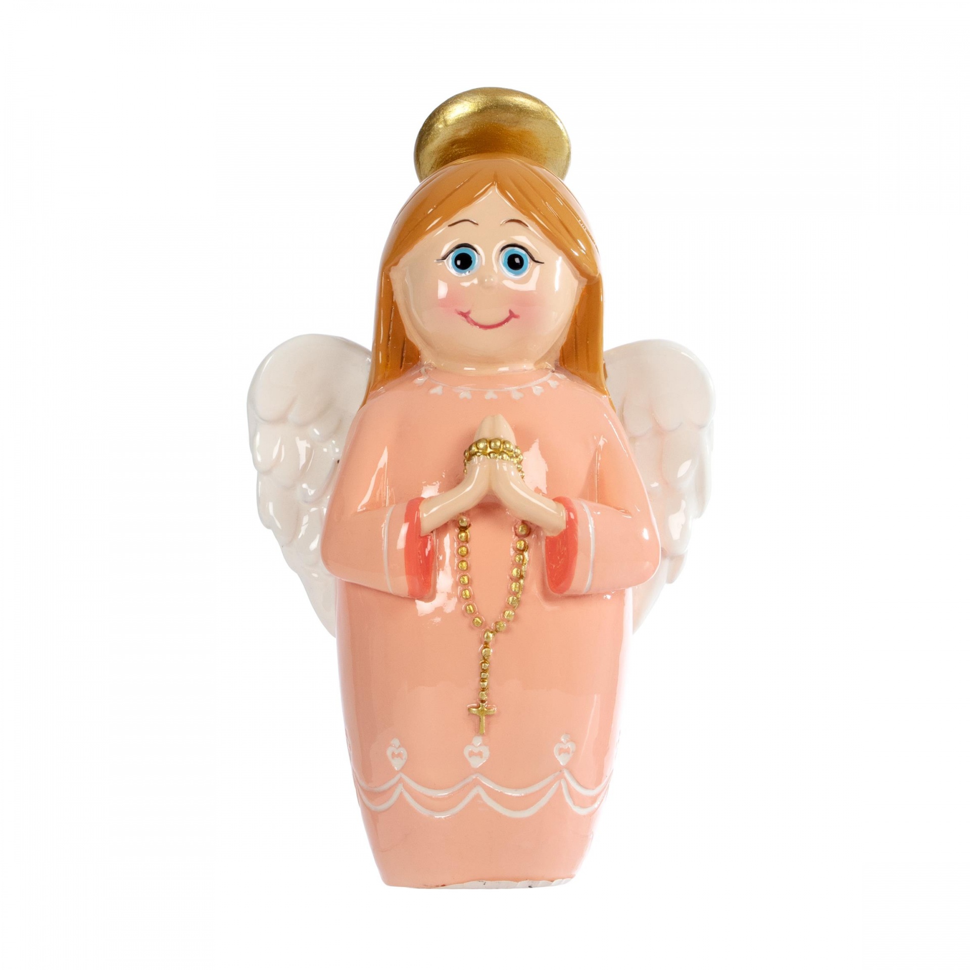 Figura decorativa de anjo cor-de-rosa com asas brancas e auréola dourada