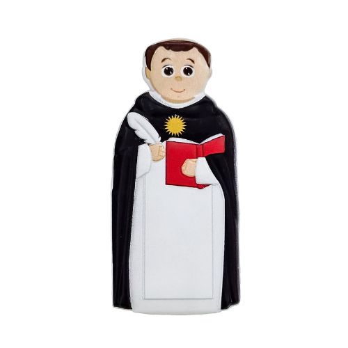 Boneco decorativo de religioso com hábito preto e branco e livro vermelho