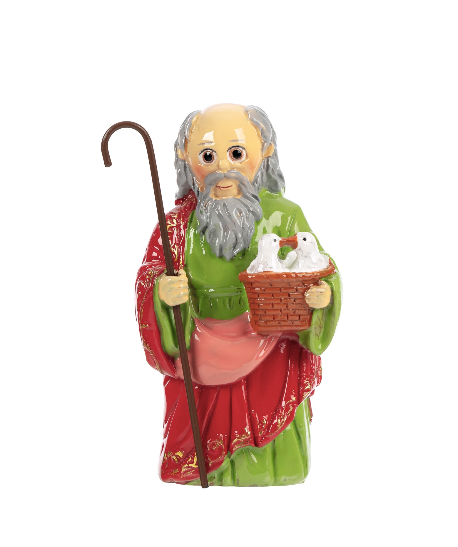 Figura decorativa de homem idoso com barba segurando cajado e cesta com pombas