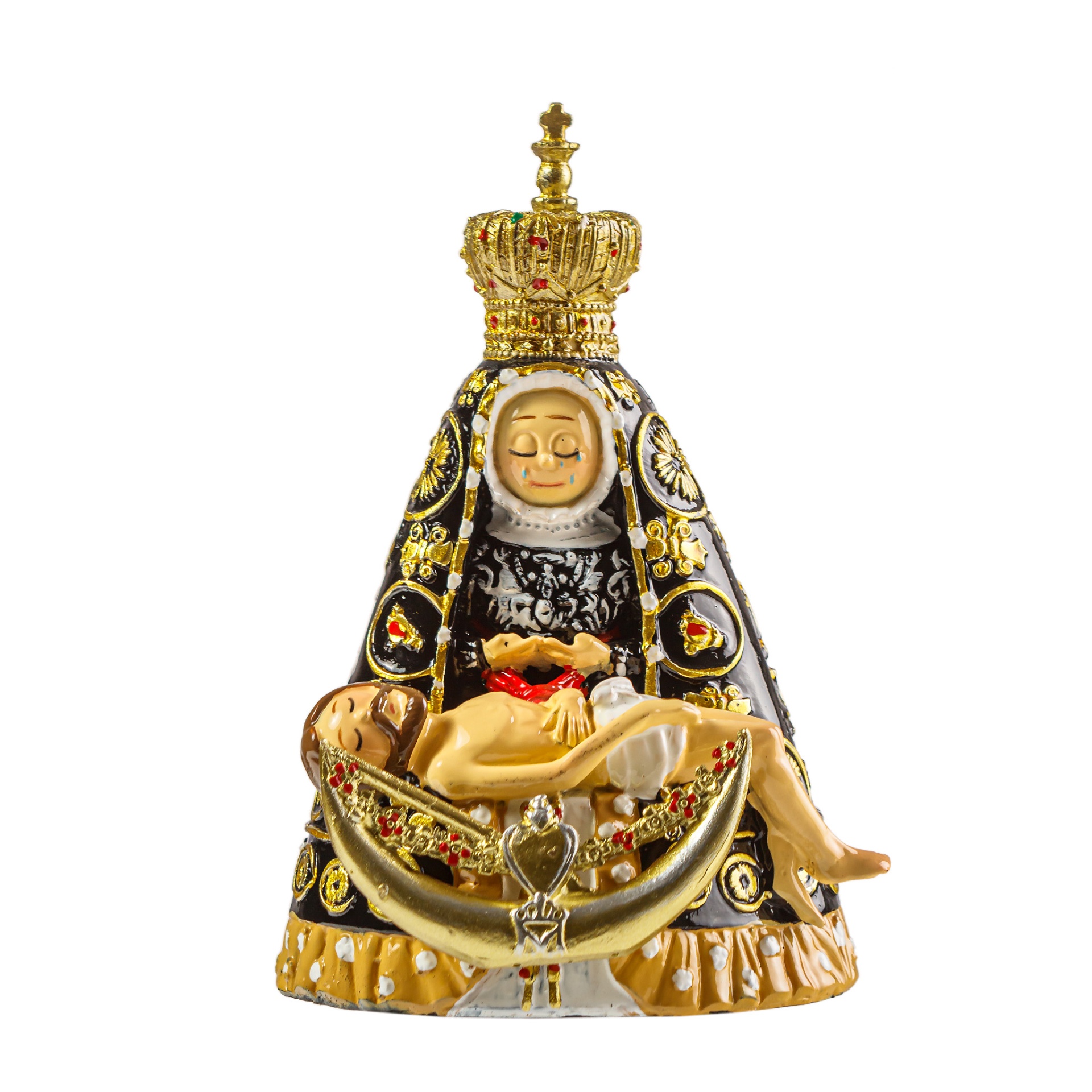 Figura religiosa de Nossa Senhora com Jesus, cerâmica pintada, manto preto e dourado