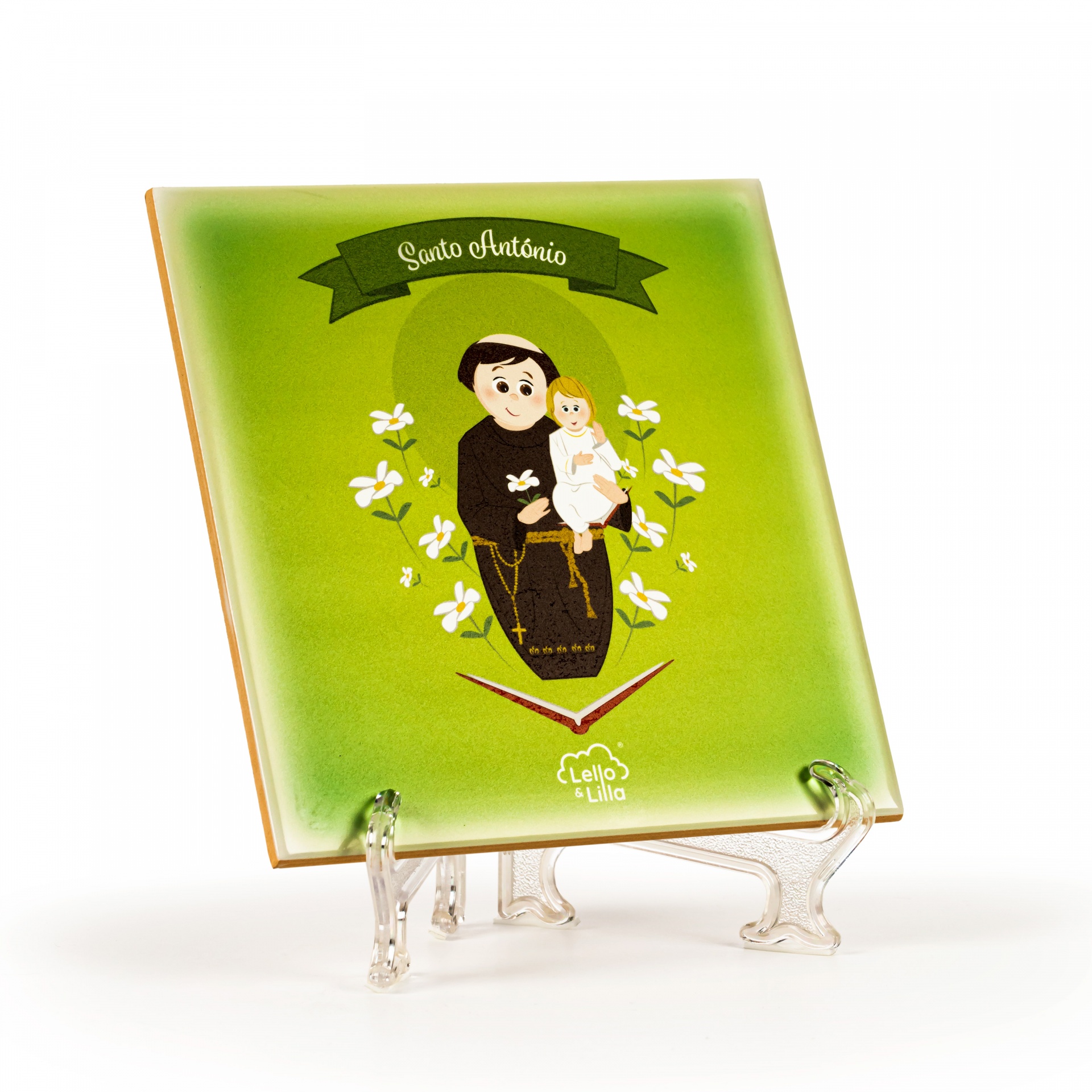 Azulejo decorativo verde com Santo António e Menino Jesus em suporte transparente