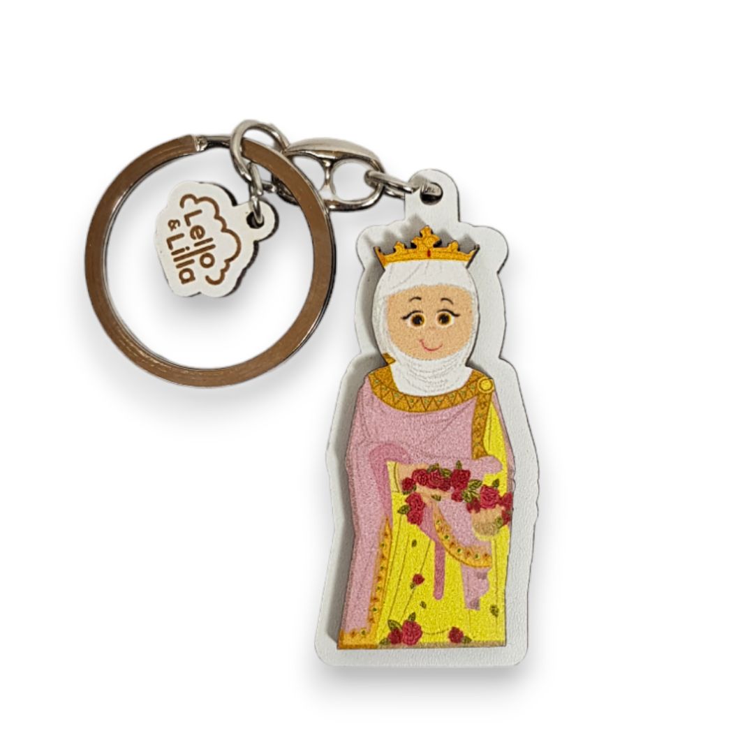 Chaveiro de personagem bordado em tecido com coroa e flores, anel metálico com etiqueta cleon & Lillo