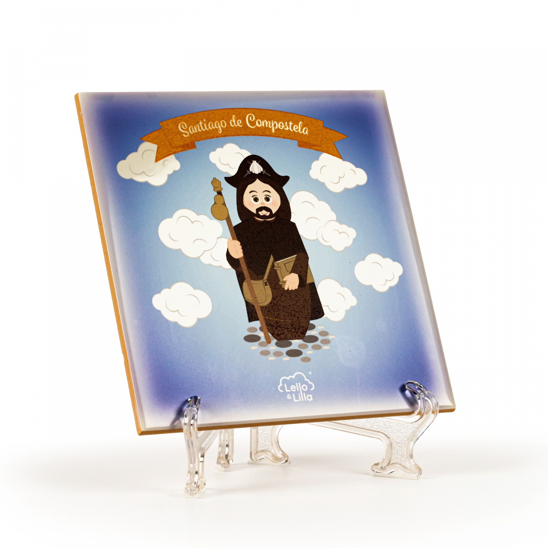 azulejo decorativo com peregrino e texto Santiago de Compostela