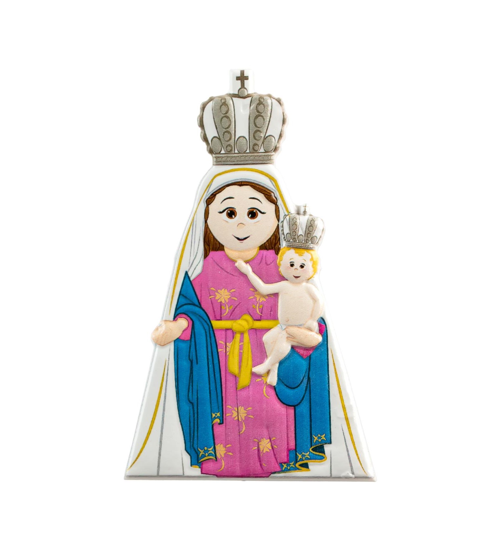 Figura decorativa estilizada da Virgem Maria com o Menino Jesus e coroas douradas