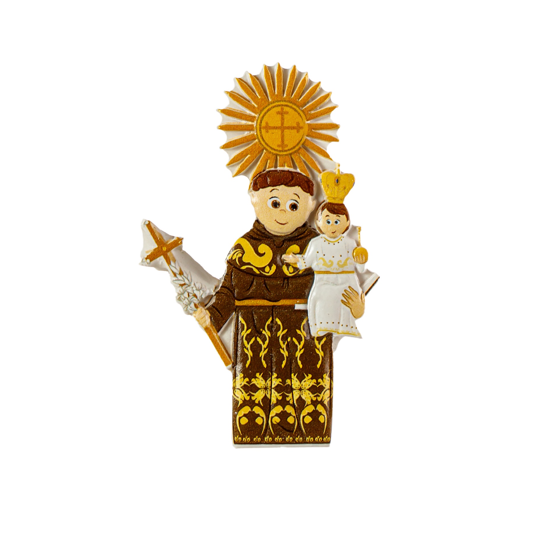 Figura religiosa de São António em madeira pintada com Menino Jesus e sol dourado