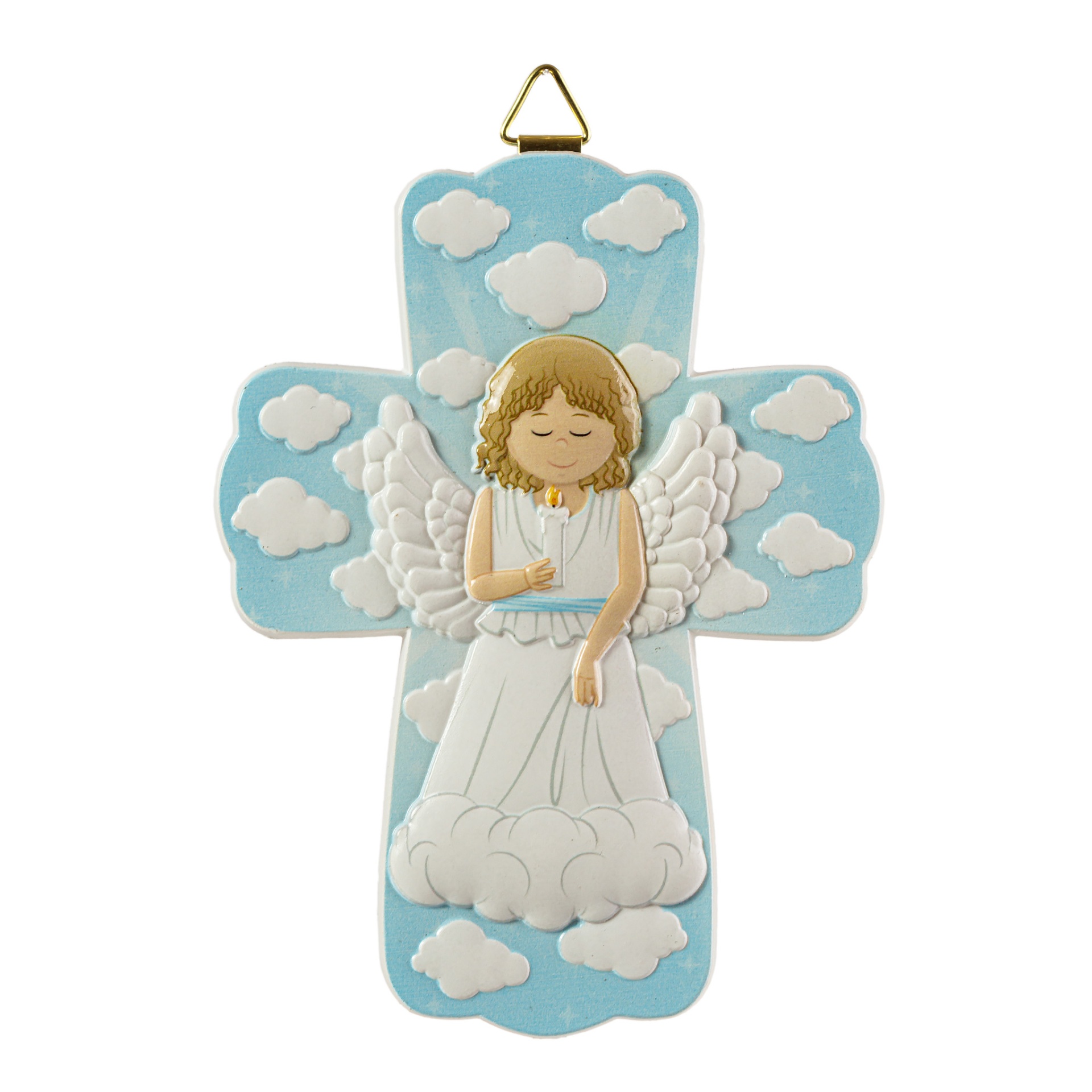Cruz decorativa azul com anjo e nuvens brancas