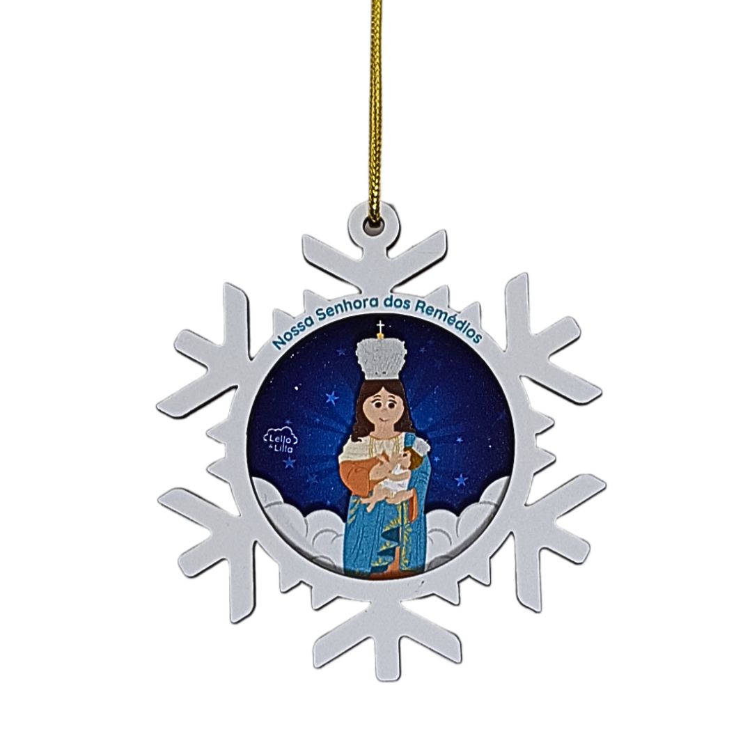 Enfeite de Natal floco de neve com imagem de Nossa Senhora dos Remédios