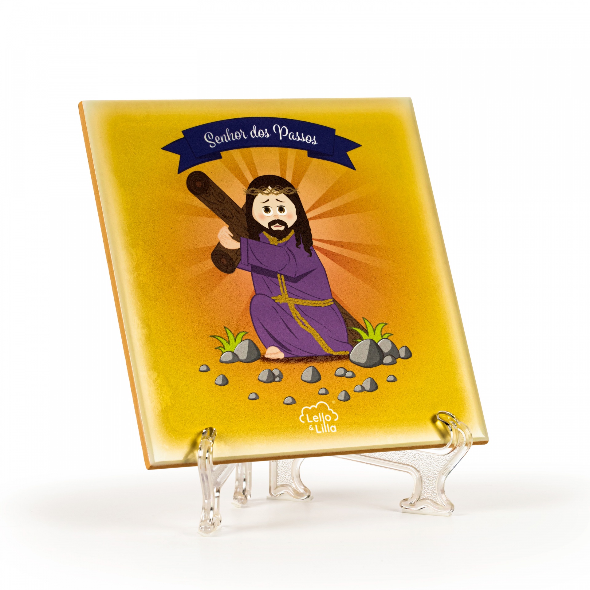 Placa decorativa amarela com ilustração estilizada religiosa e texto 