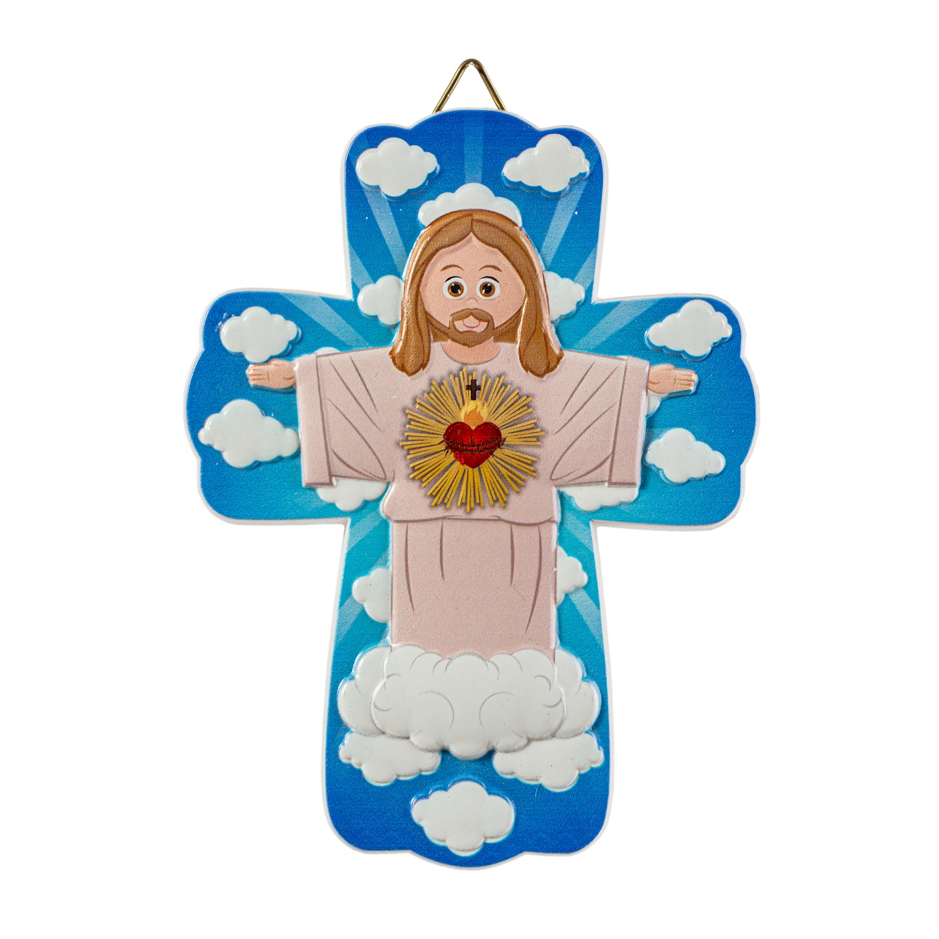 Cruz decorativa azul com nuvens e figura estilizada de Jesus com coração radiante