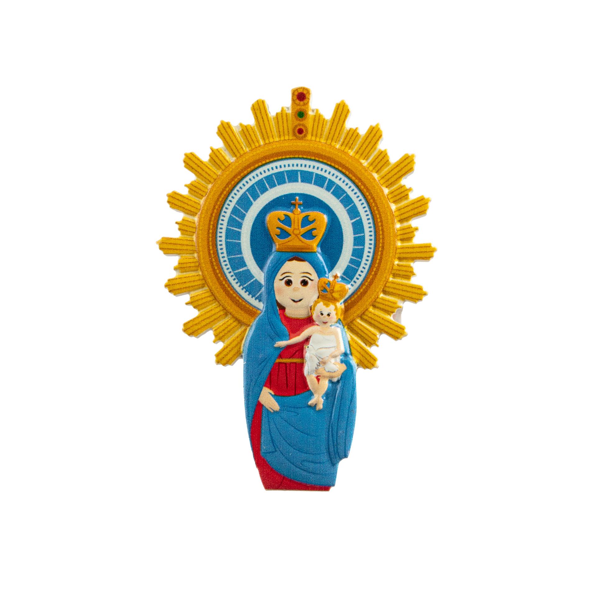 Figura religiosa bordada com Nossa Senhora e Menino Jesus com coroas e halo dourado