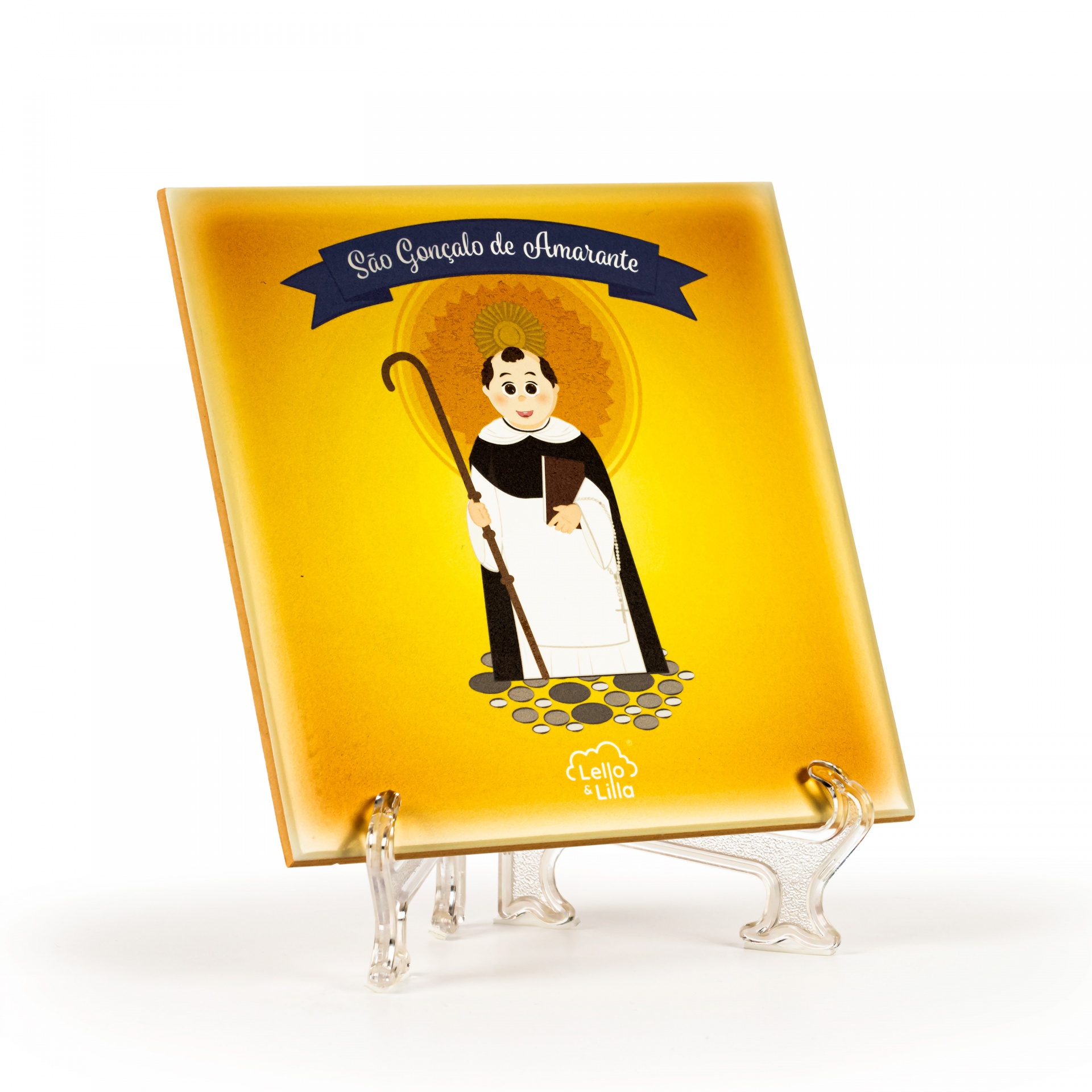 Placa decorativa amarela com imagem de São Gonçalo de Amarante e texto em azul