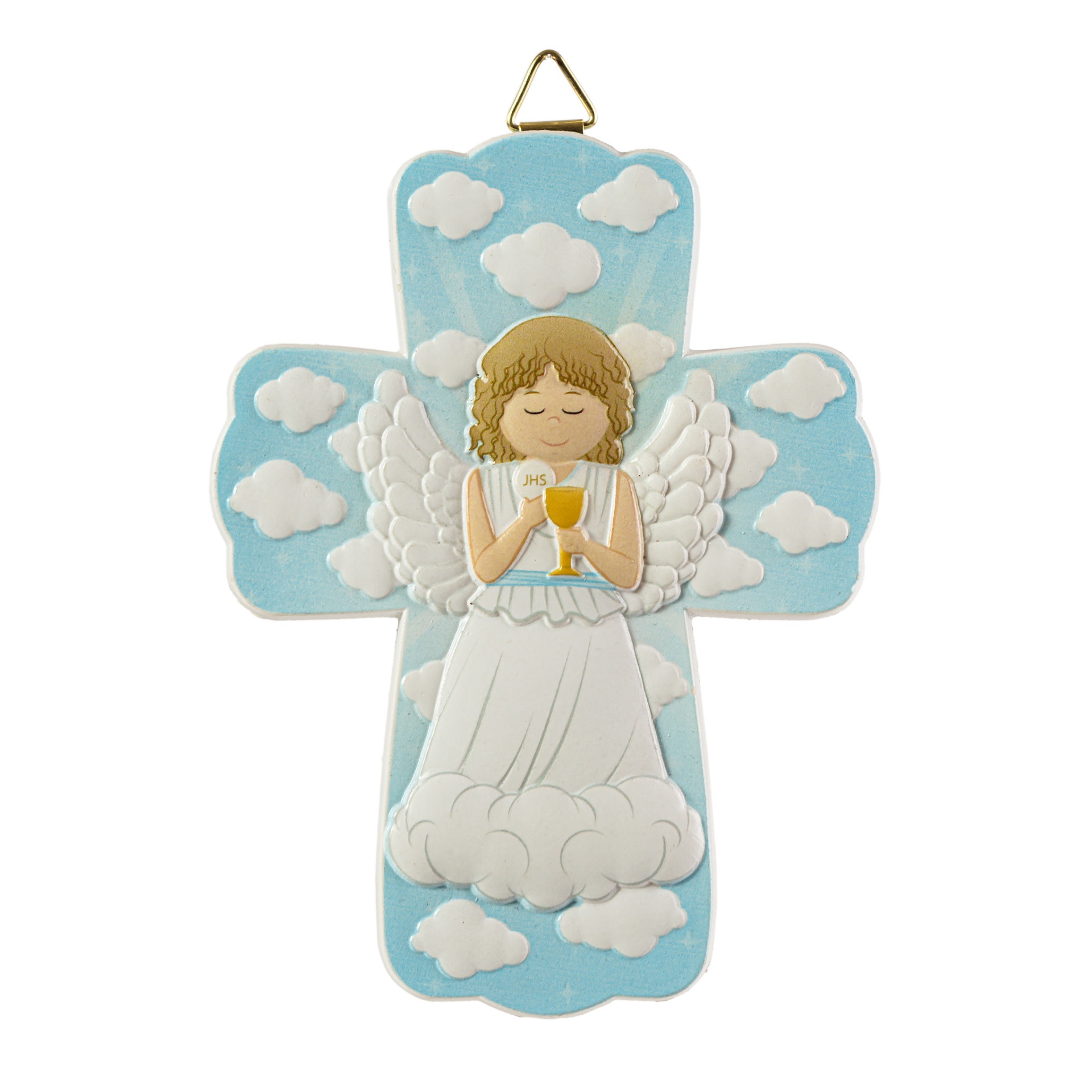 Cruz decorativa azul com anjo branco segurando cálice dourado em relevo