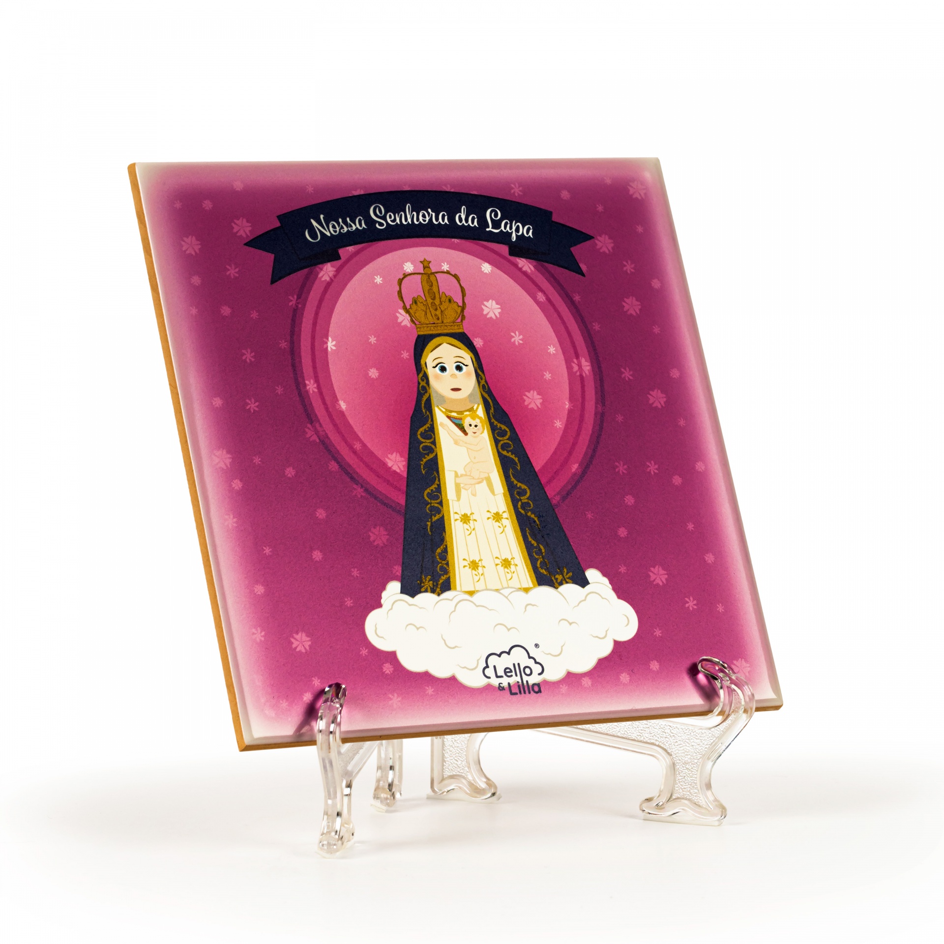 Placa decorativa com Nossa Senhora da Lapa em fundo rosa