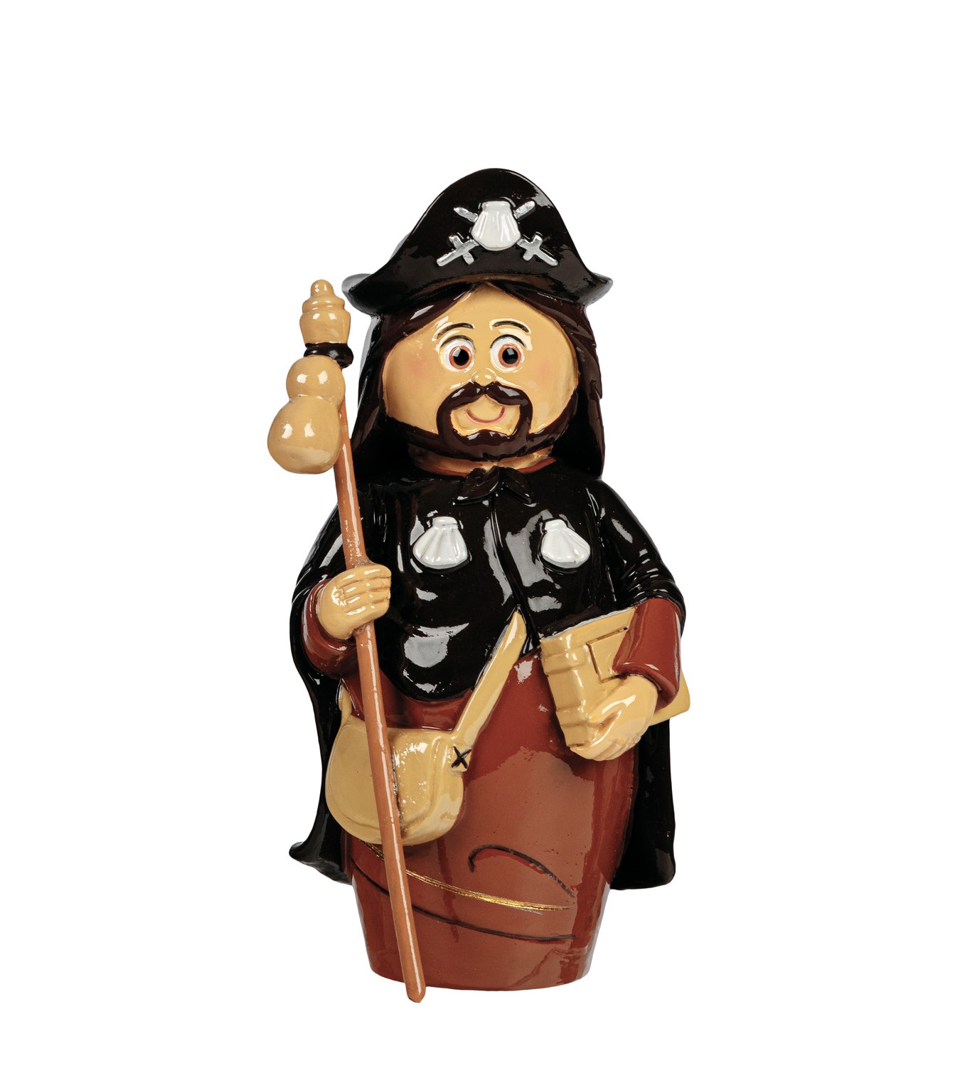 Boneco de cerâmica pintado à mão com chapéu de caveira e ossos, capa preta, túnica vermelha, com cajado e livro.