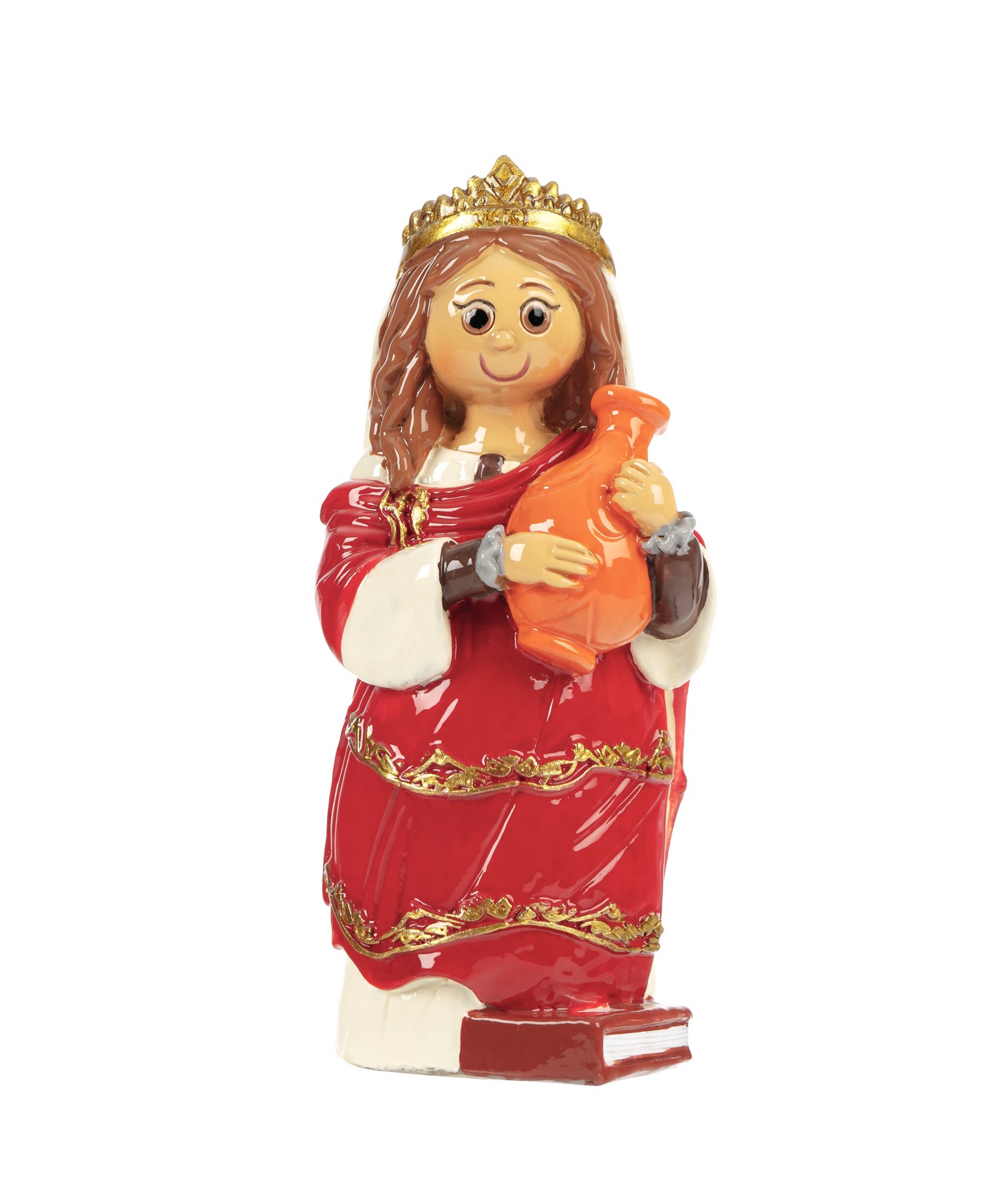 Figura feminina com coroa, vestido vermelho, e jarro laranja