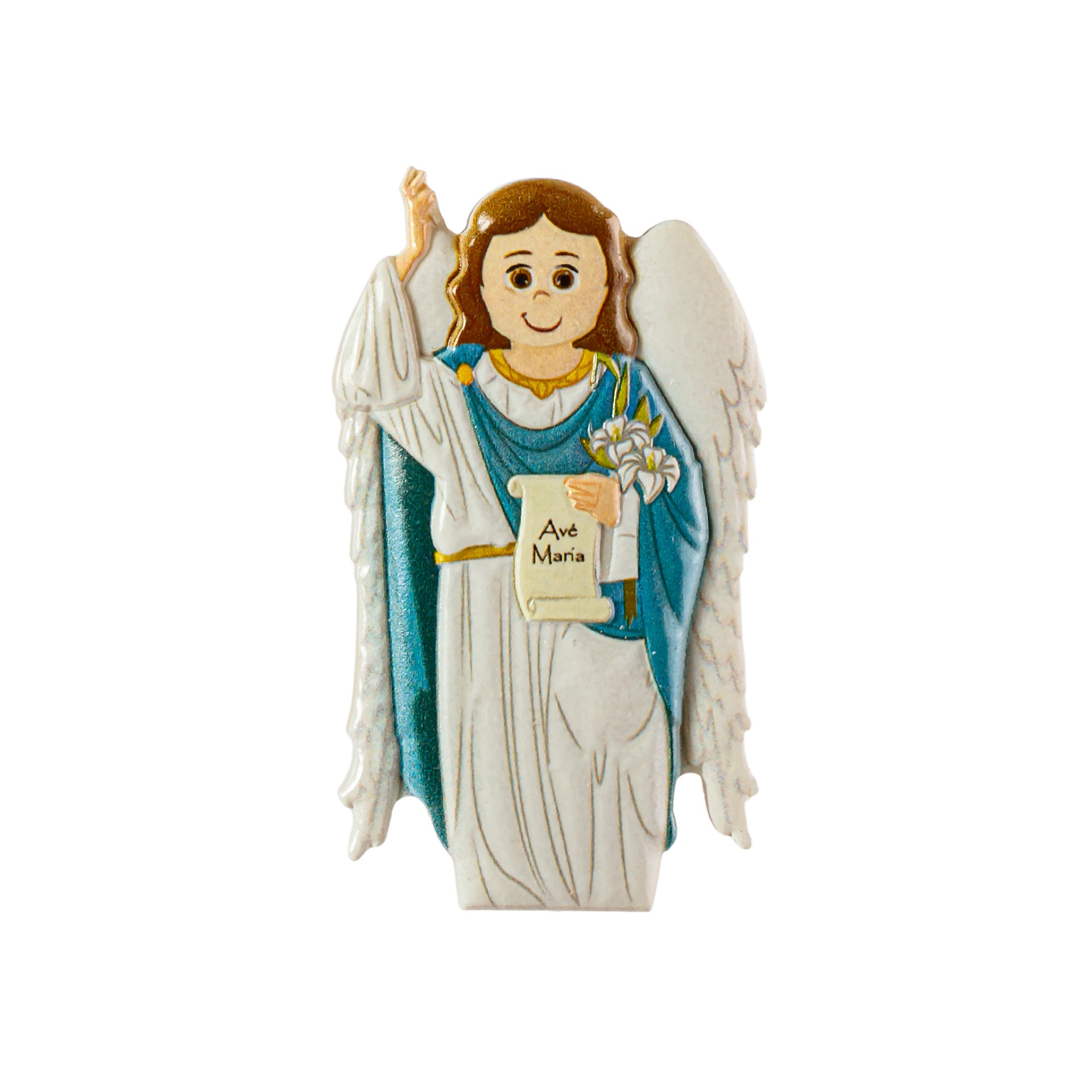 Estatueta decorativa de anjo com asas brancas e pergaminho Ave Maria