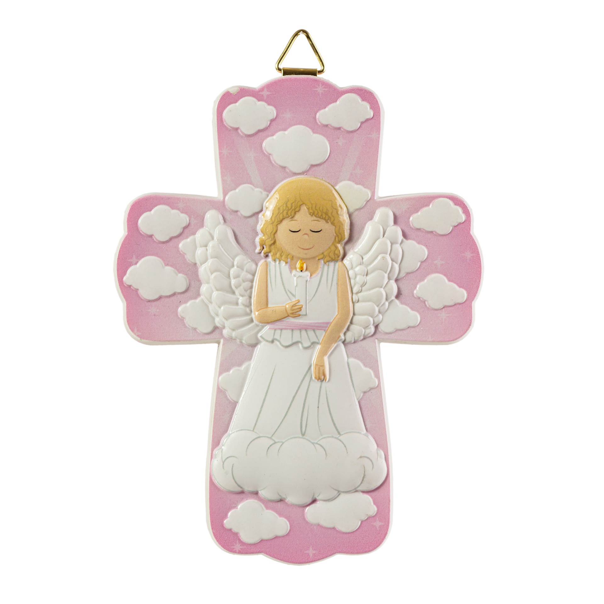 Cruz decorativa rosa com anjo em relevo e nuvens brancas