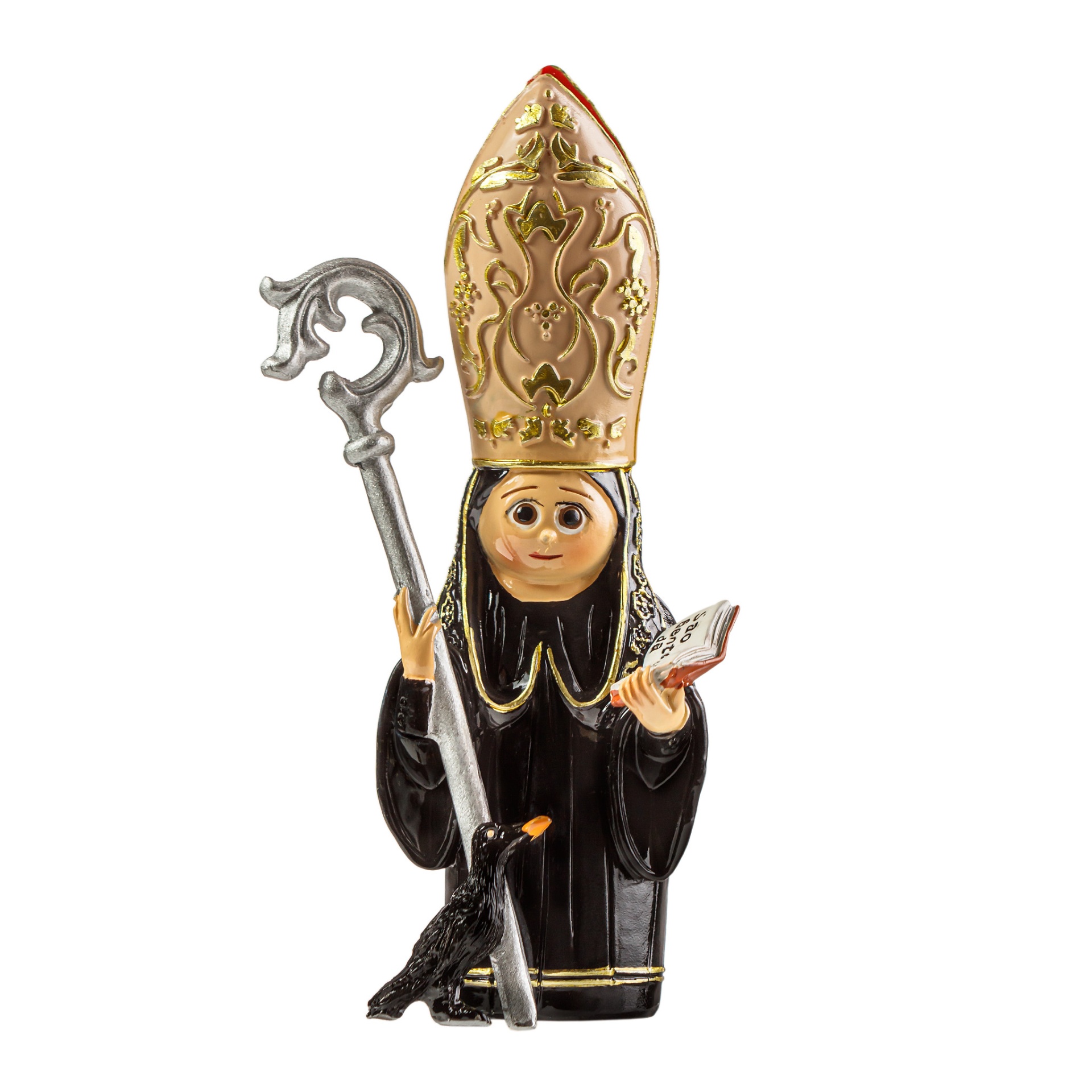 Figura decorativa de São com mitra dourada e cajado prateado