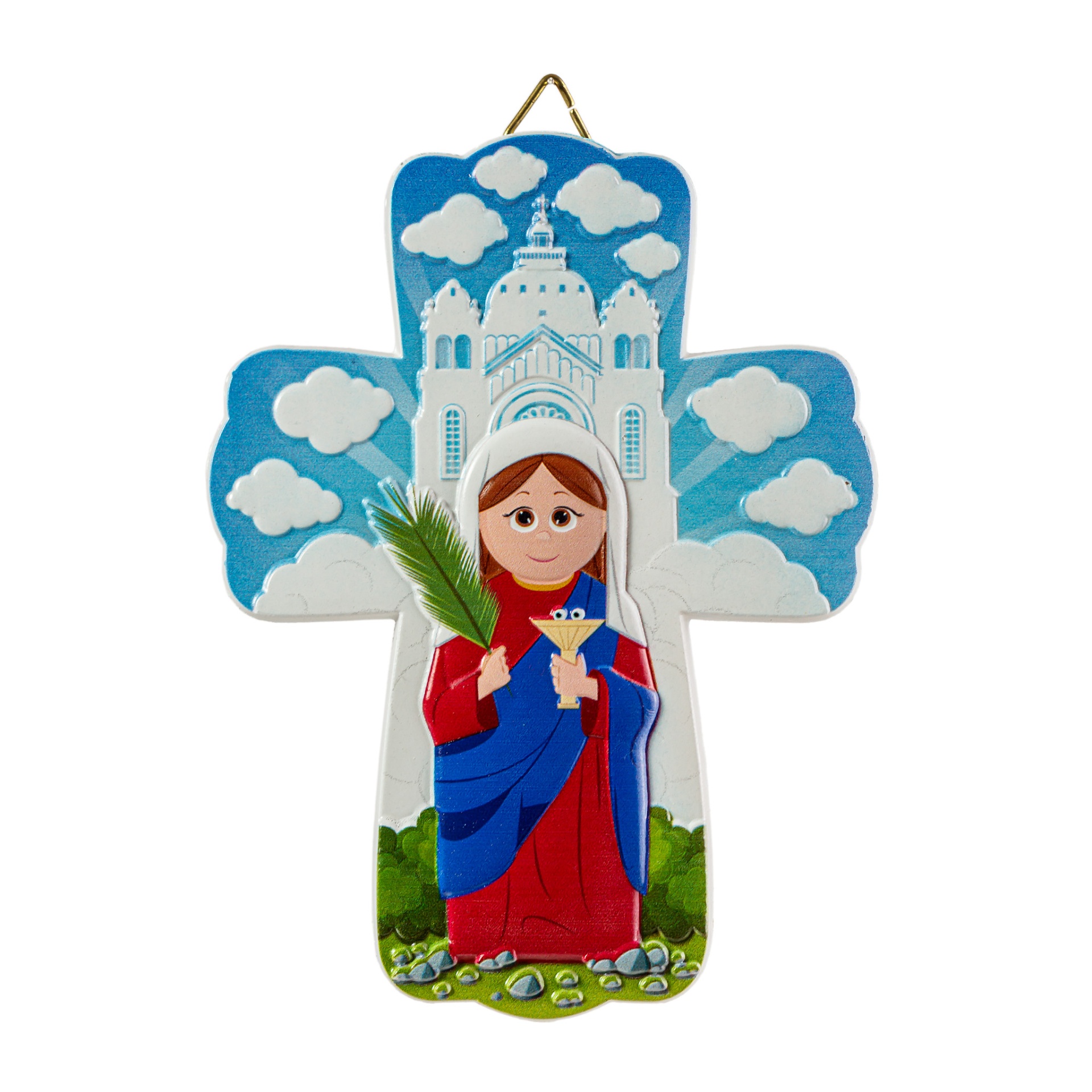 Cruz decorativa com figura feminina colorida e igreja ao fundo