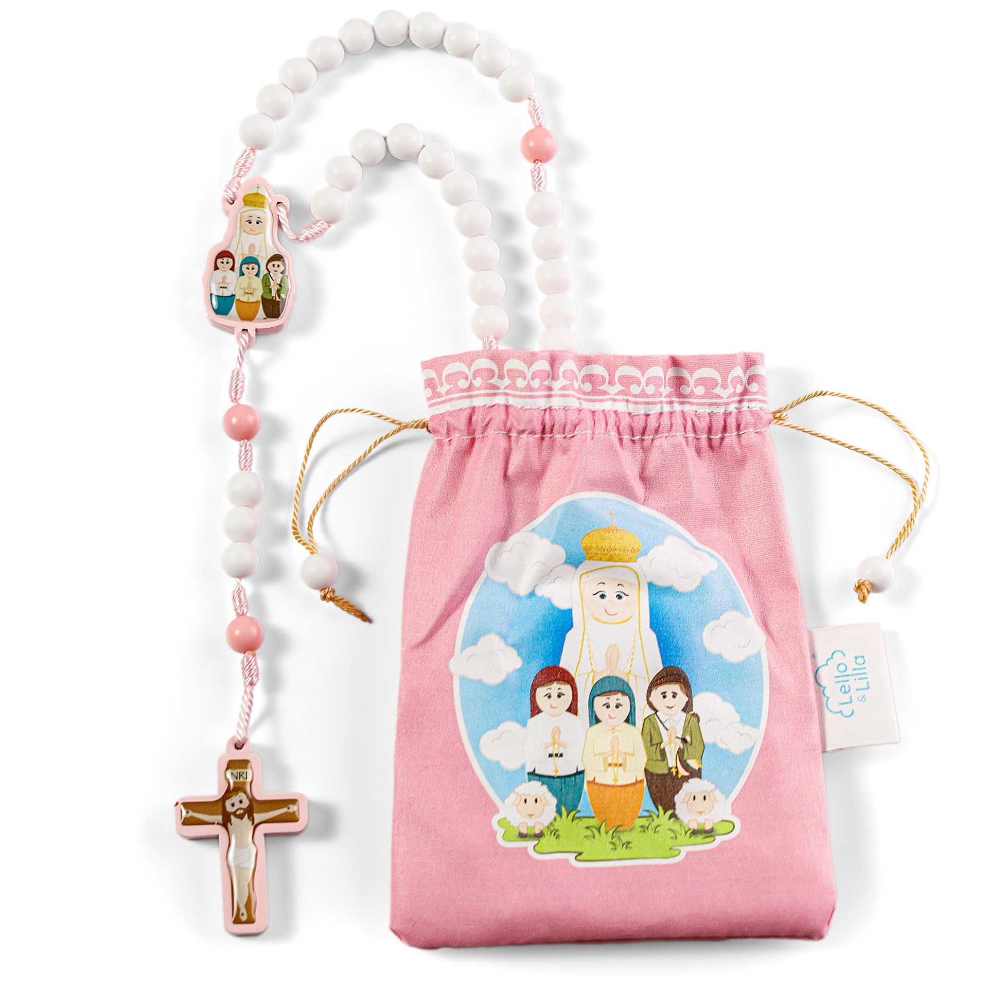 Terço branco e rosa com crucifixo e saco cor-de-rosa com ilustração religiosa