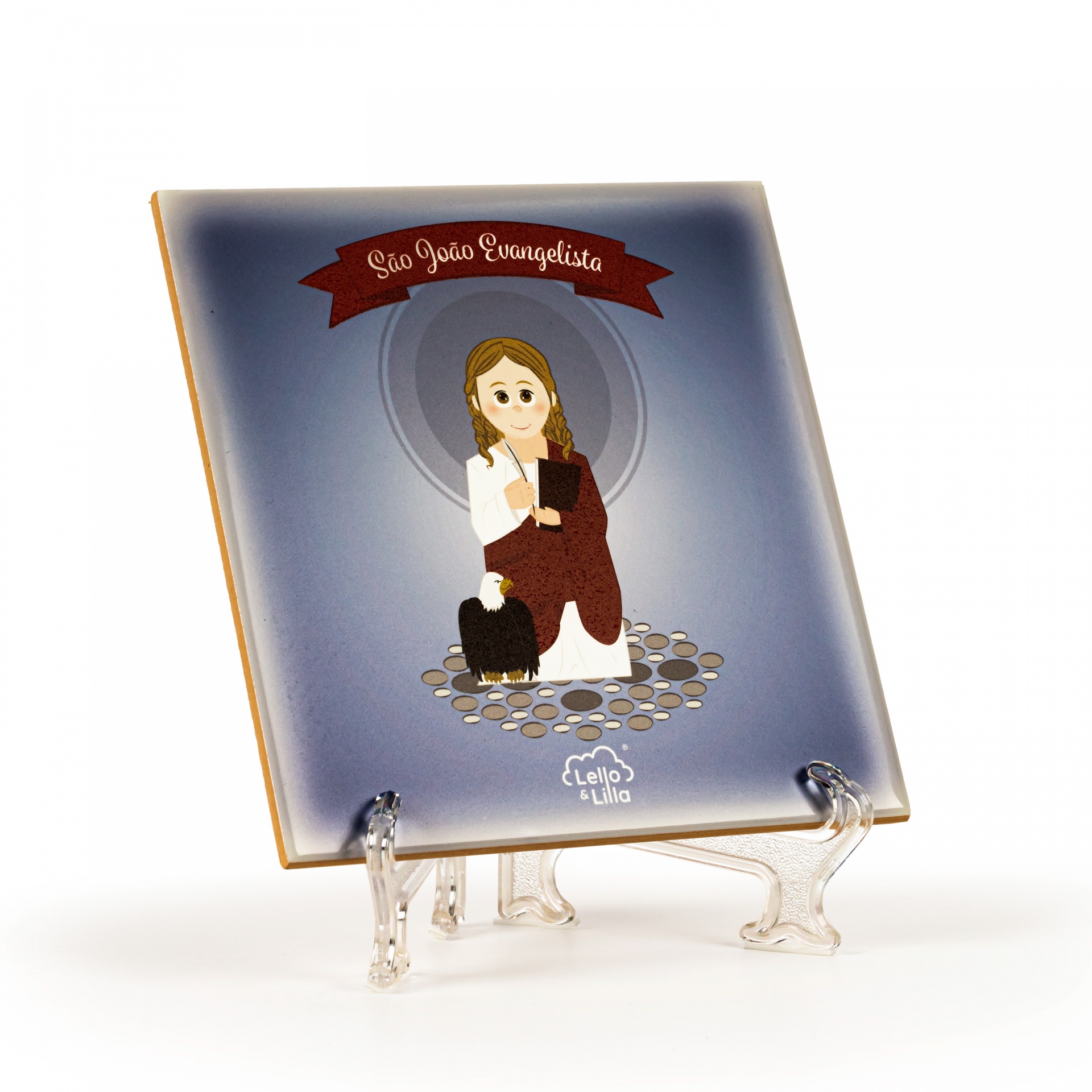 Azulejo decorativo com ilustração de São João Evangelista e texto
