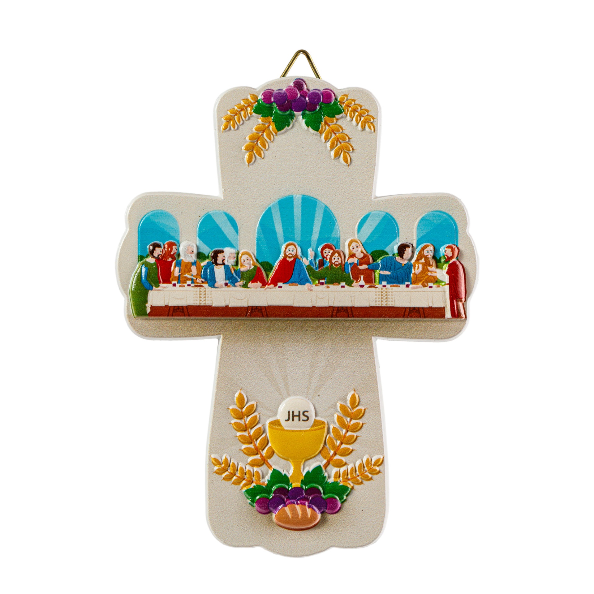 Cruz cerâmica decorativa última ceia e cálice JHS