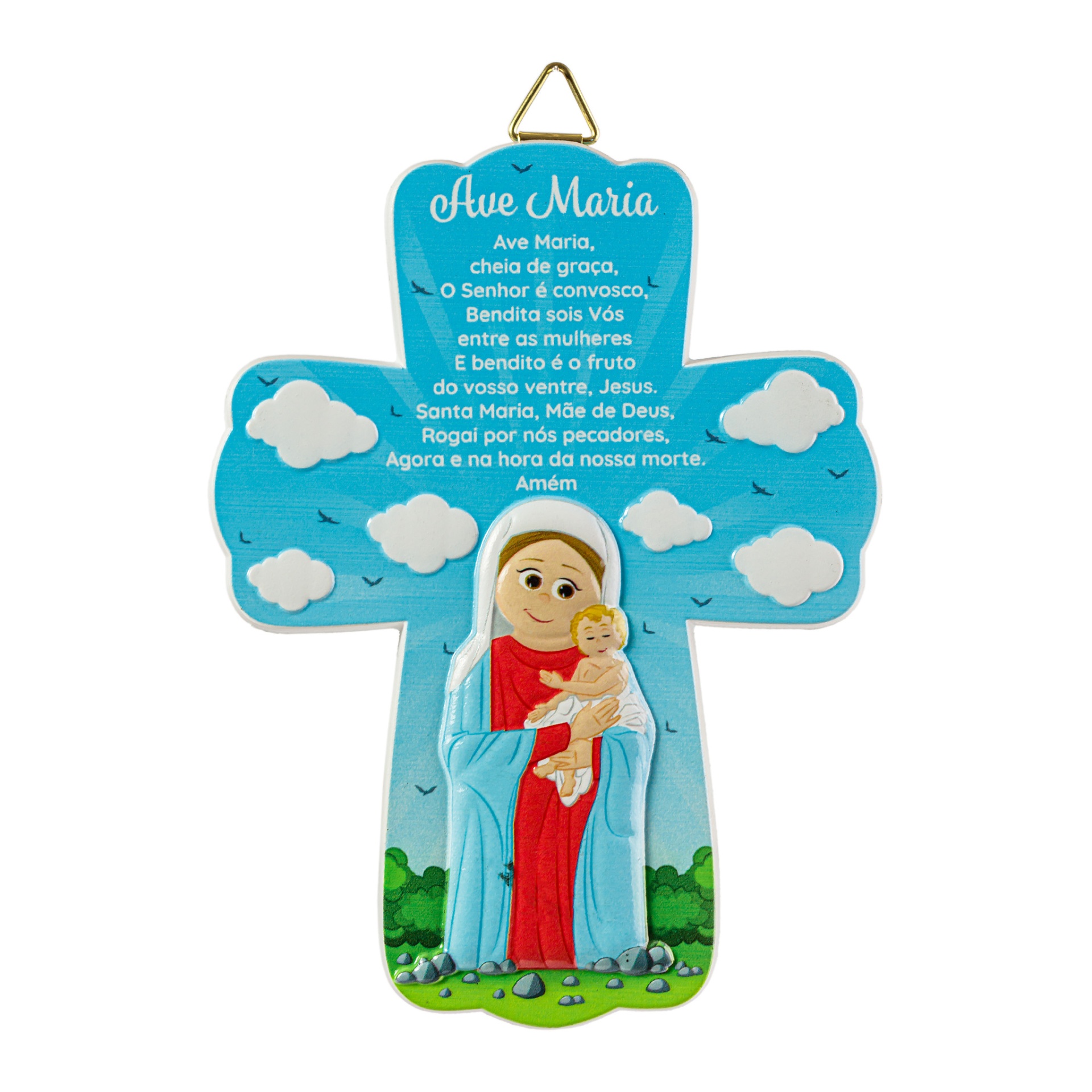 Cruz azul com imagem de Maria e Menino Jesus e oração Ave Maria em português