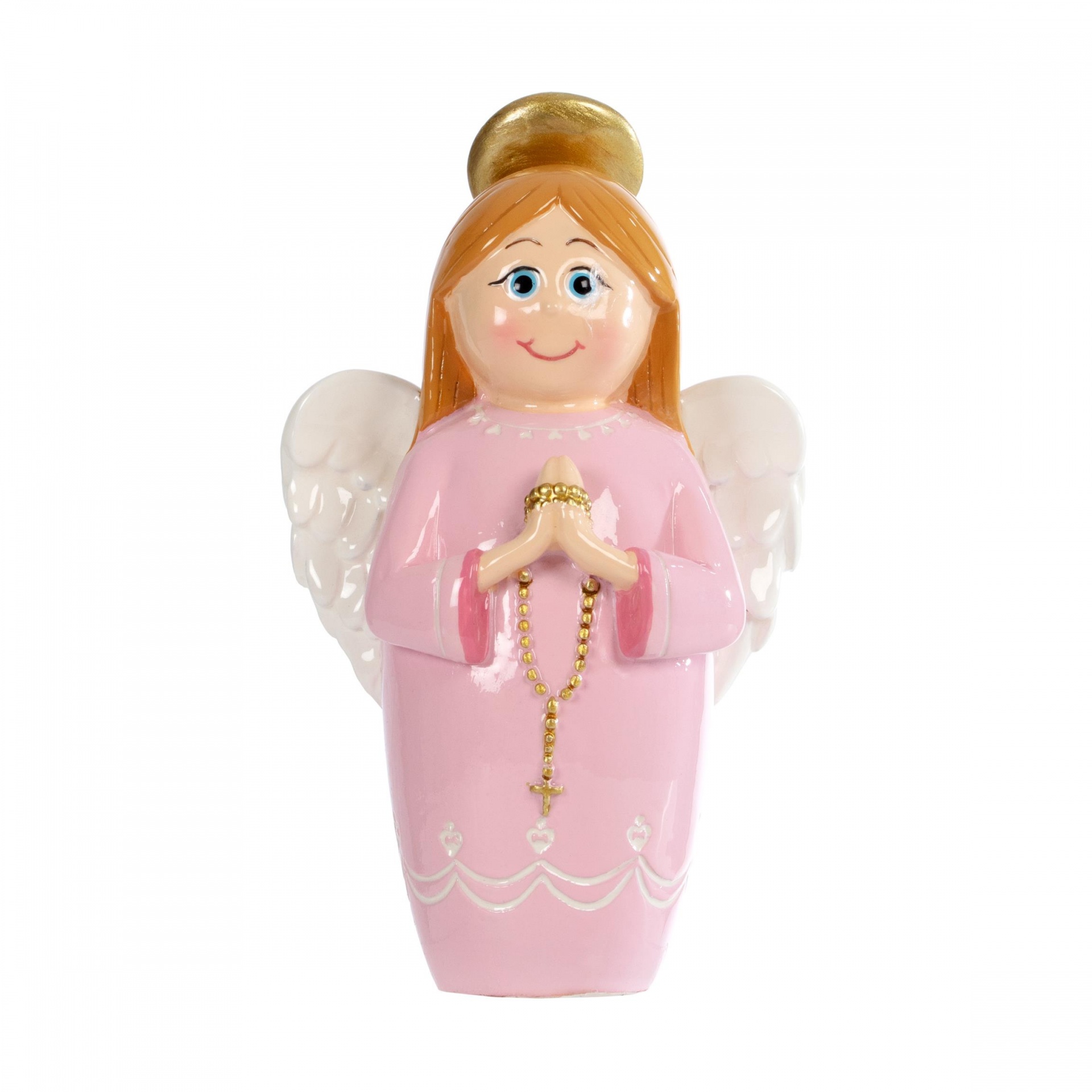 Figurinha de anjo rosa com asas brancas e terço dourado.