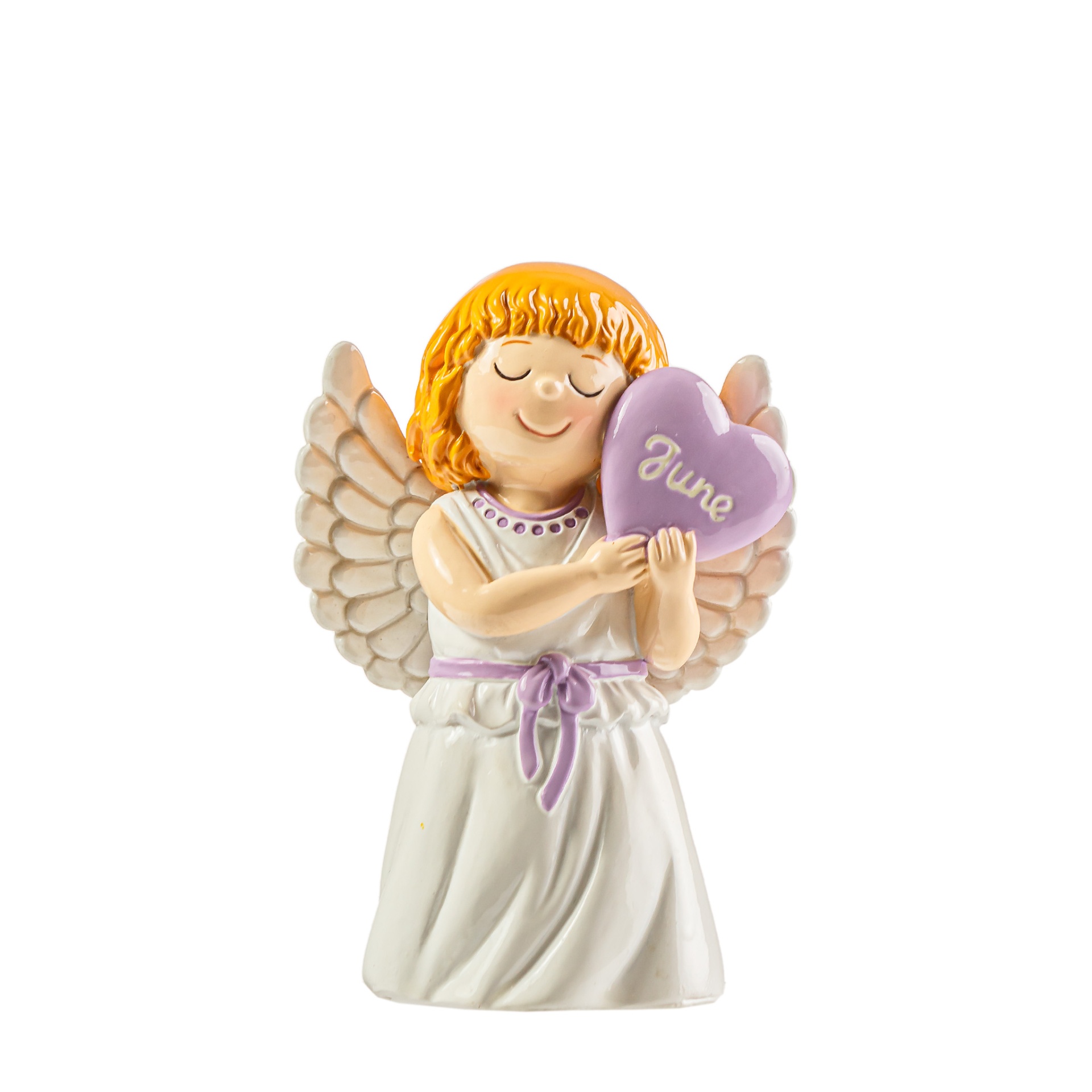 Figura decorativa de anjo com coração onde está escrito June