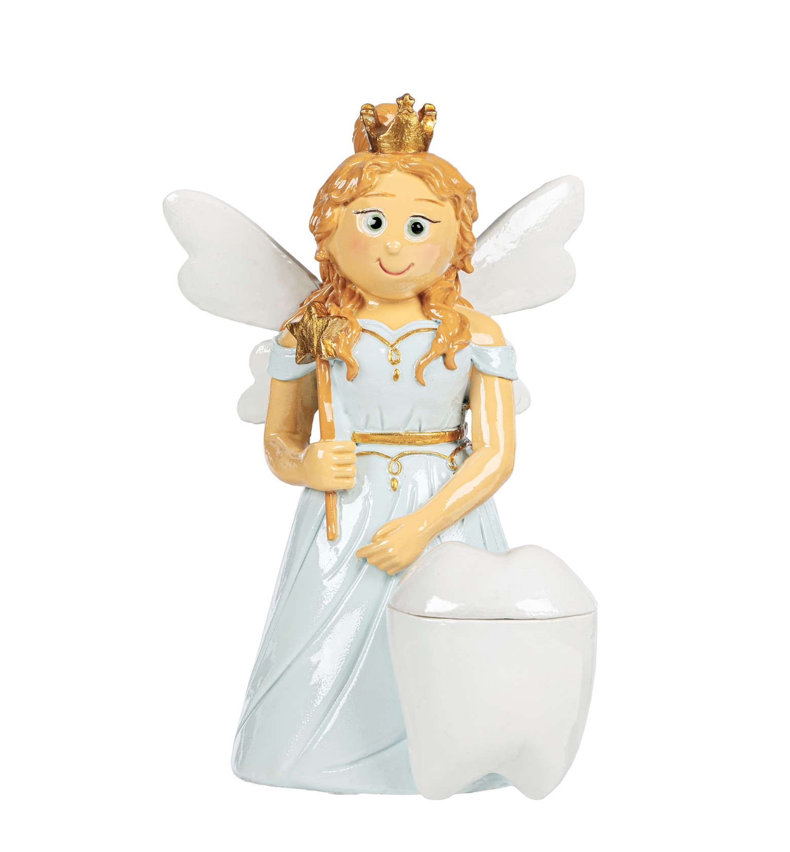 Figurinha de fada com vestido azul e coroa dourada ao lado de um dente branco