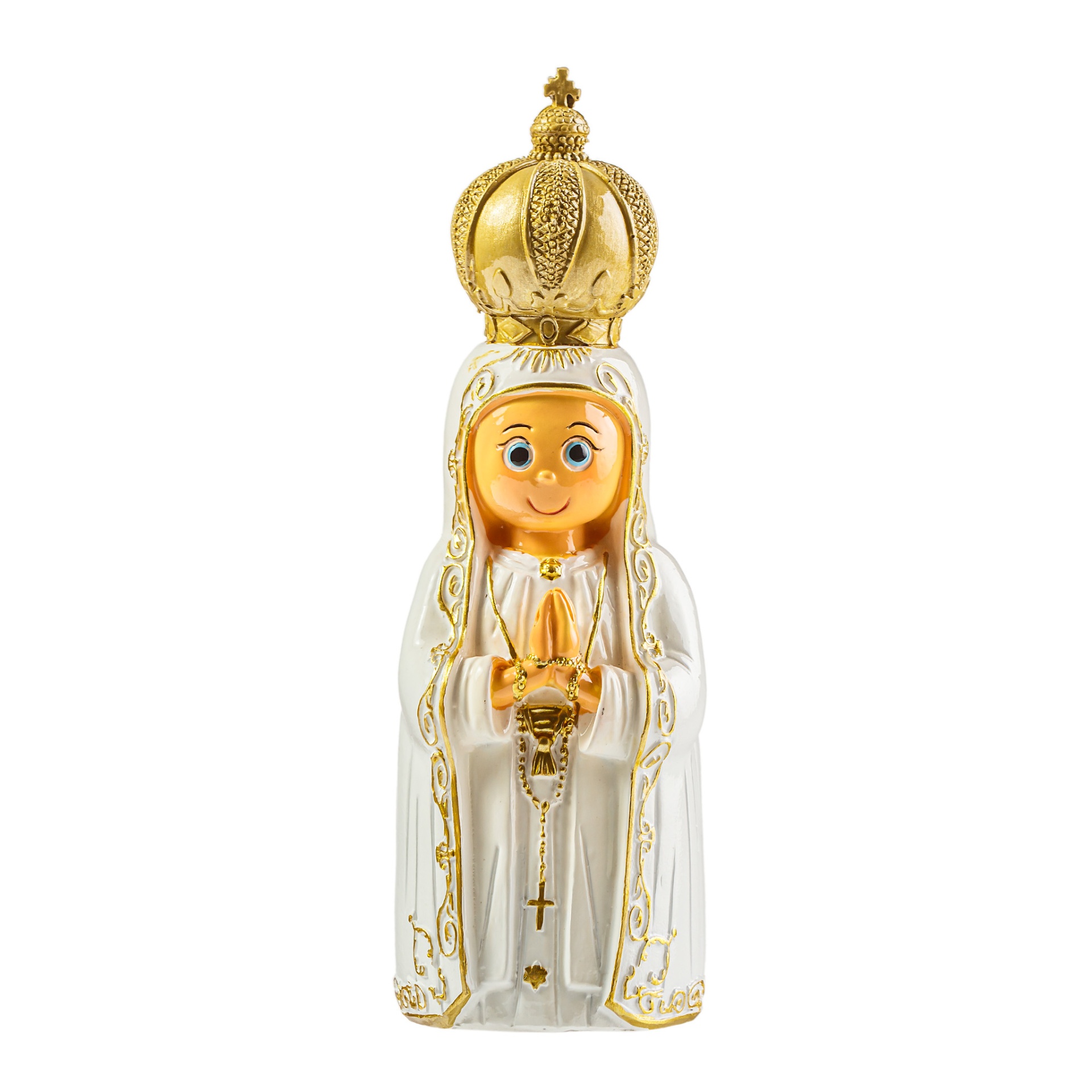 Estátua branca e dourada de Nossa Senhora com coroa e terço.