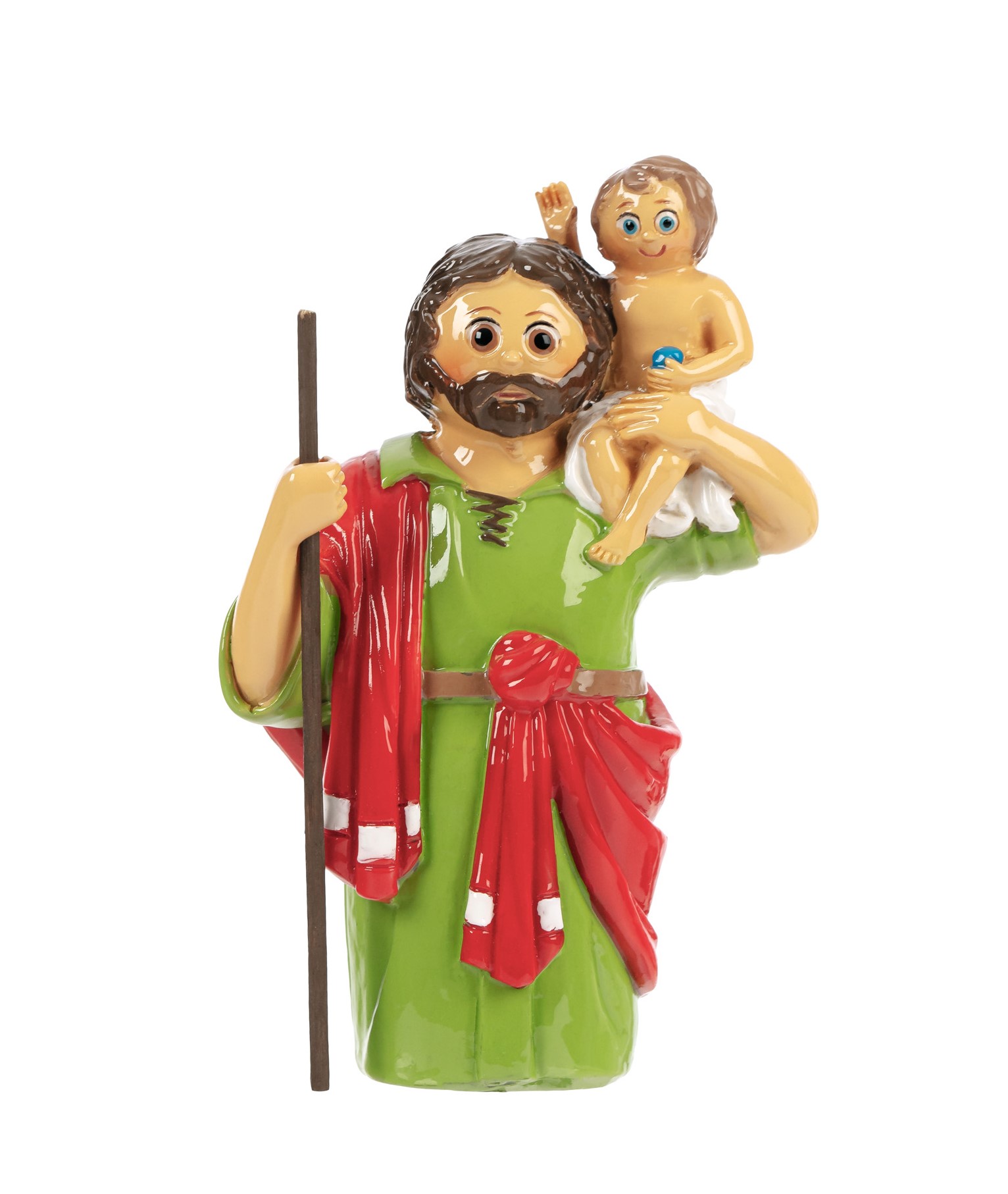 Figura decorativa de homem com túnica verde e manto vermelho segurando menino no ombro.