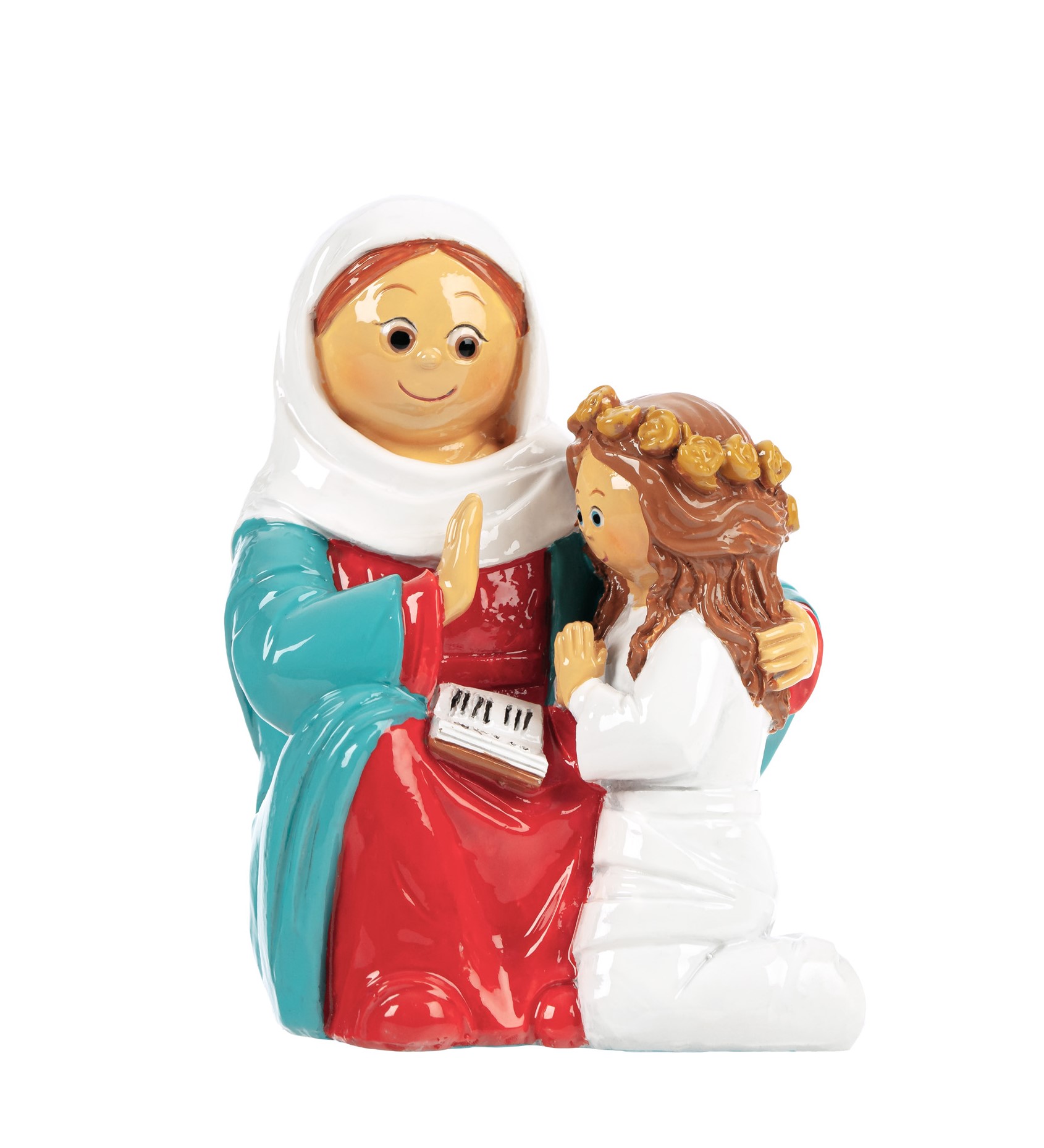 Escultura de duas figuras religiosas coloridas, uma adulta e uma criança ajoelhada