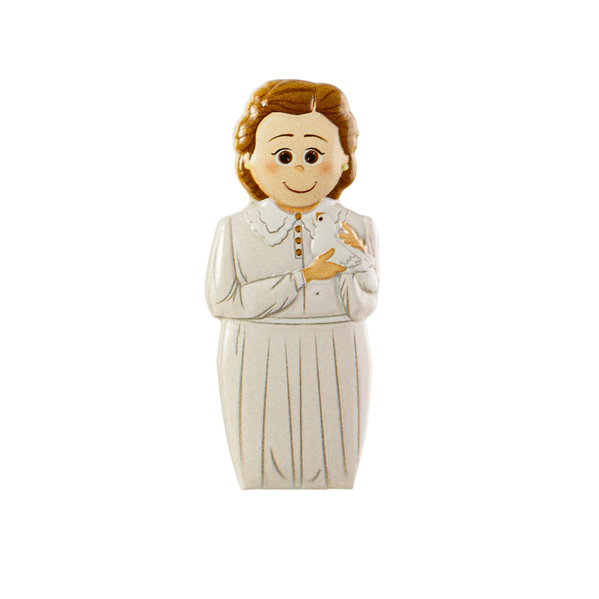 Figura decorativa em cerâmica de pessoa com roupa branca e cabelo castanho