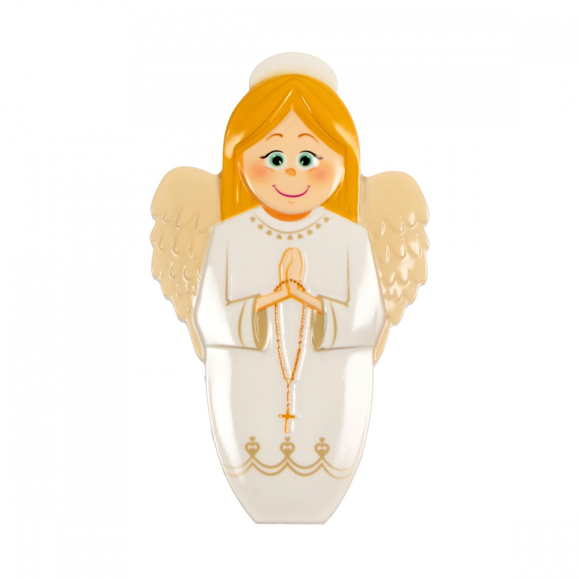 Figura decorativa de anjo loiro com vestido branco e asas bege