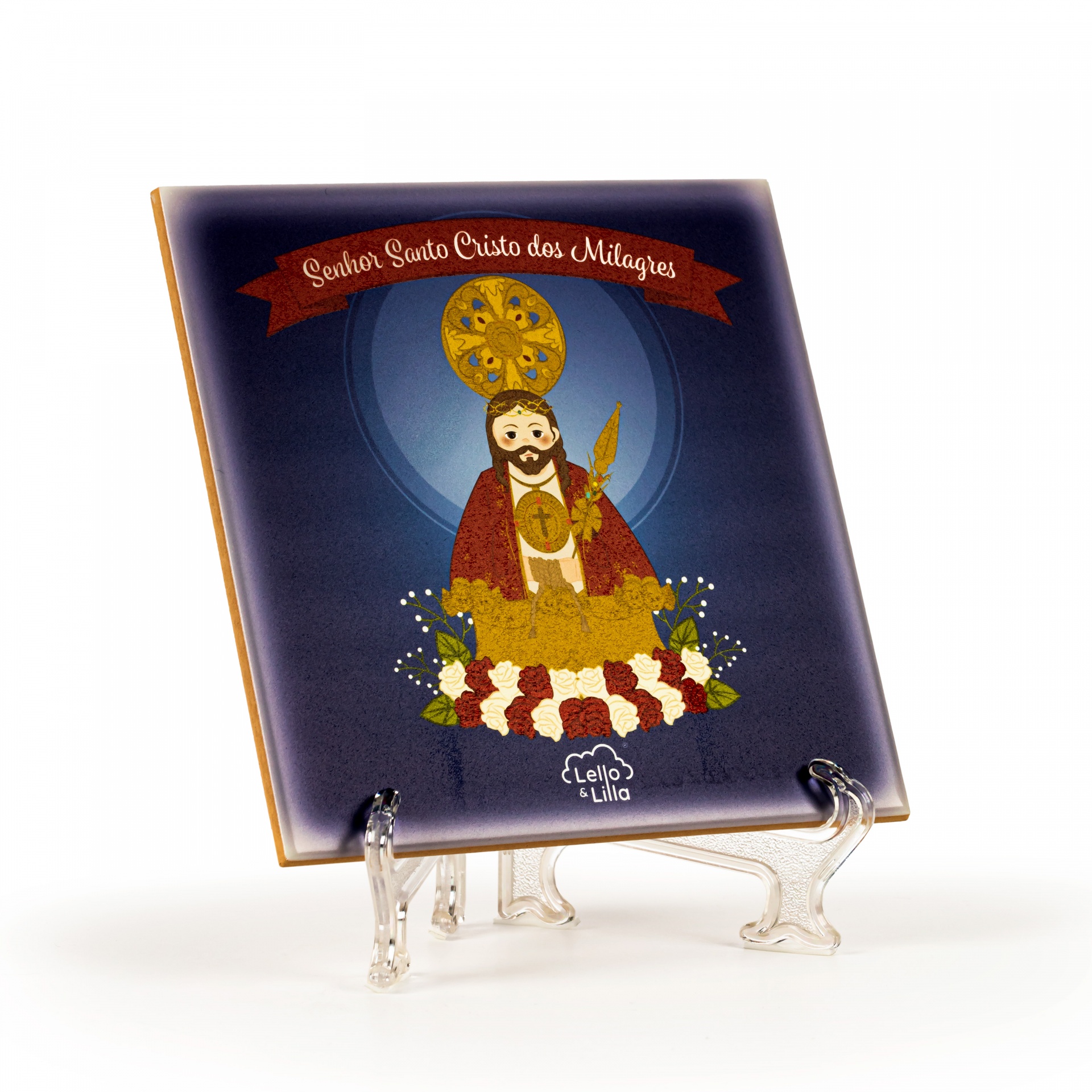 Peça decorativa com imagem religiosa do Senhor Santo Cristo dos Milagres e texto em vermelho