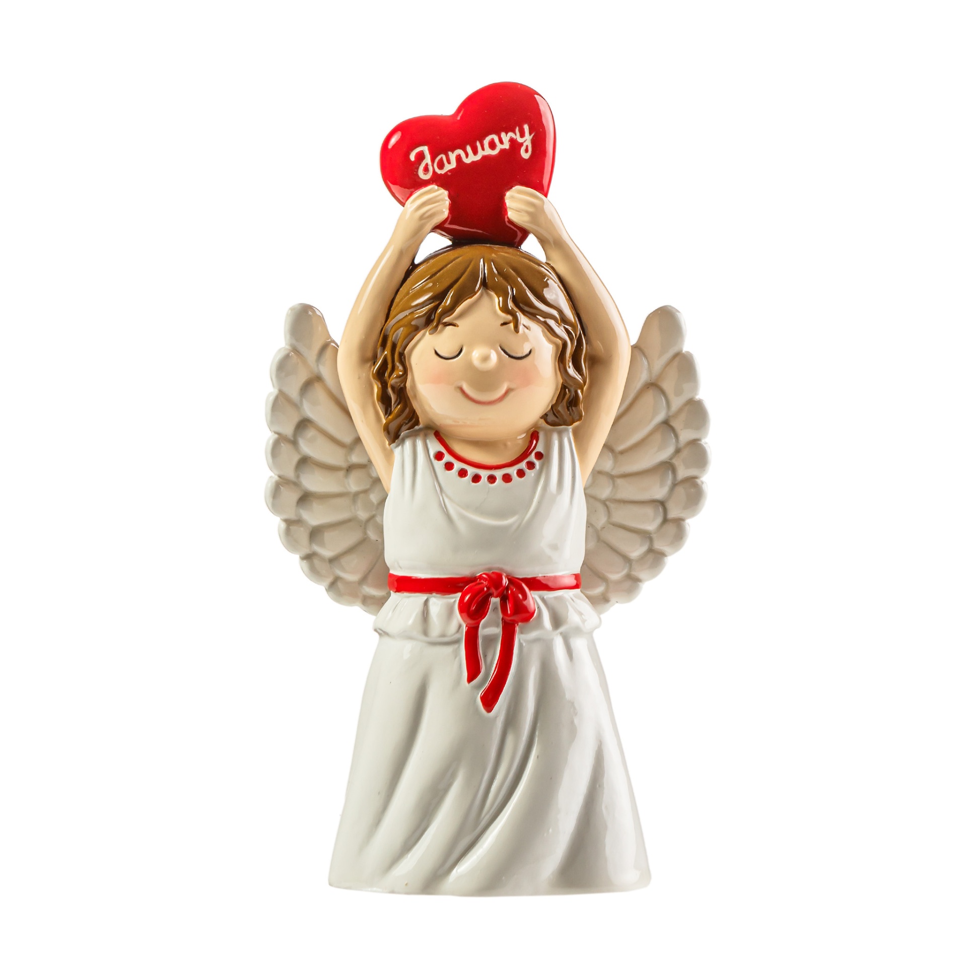 Figurina de anjo segurando coração vermelho com a palavra January