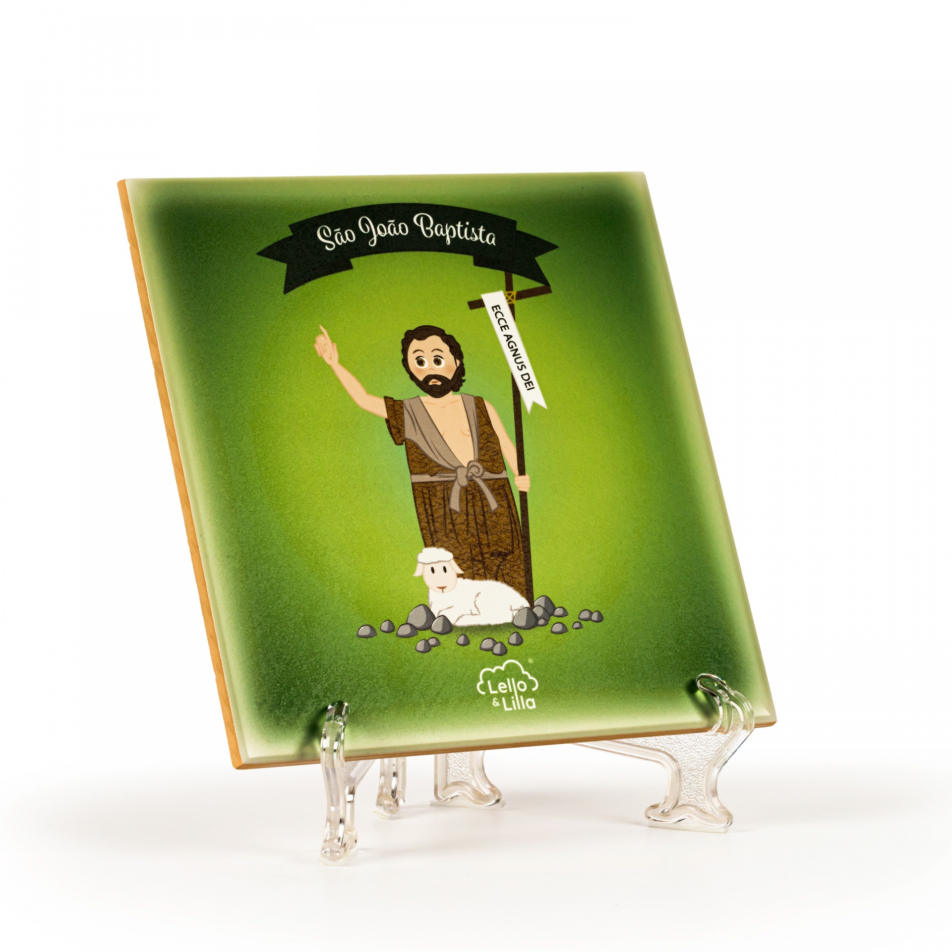Azulejo quadrado com ilustração de São João Baptista e cordeiro em fundo verde