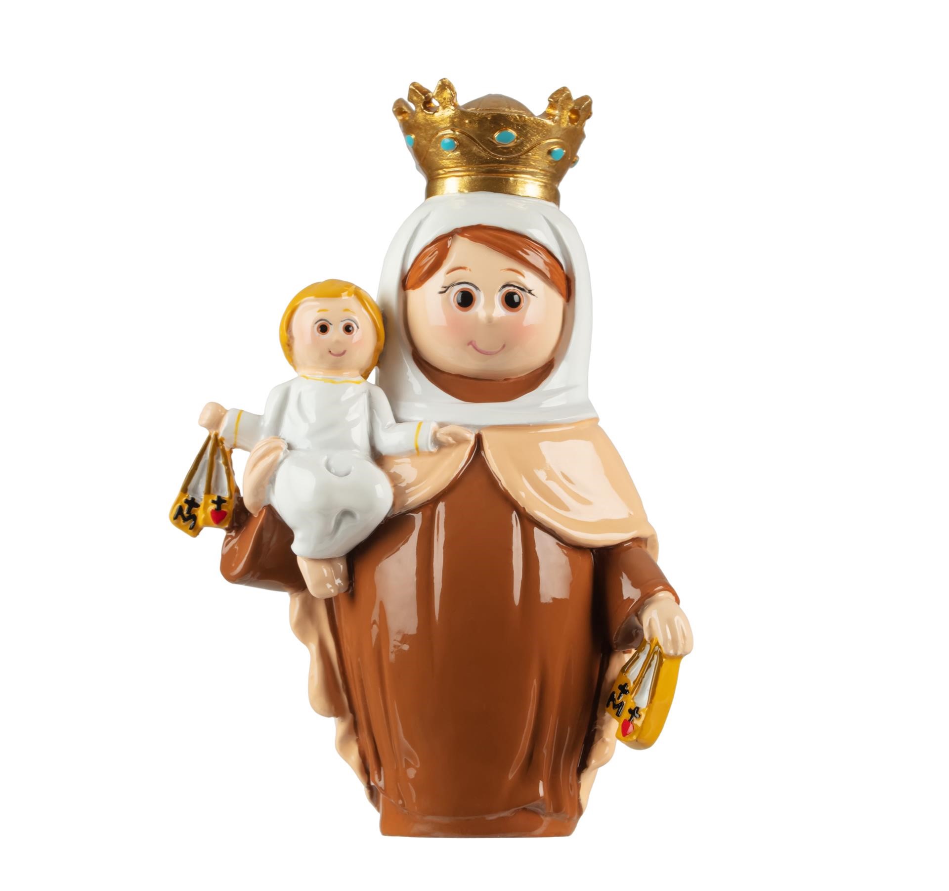 Figura cerâmica de Nossa Senhora do Carmo com Menino Jesus e coroa dourada