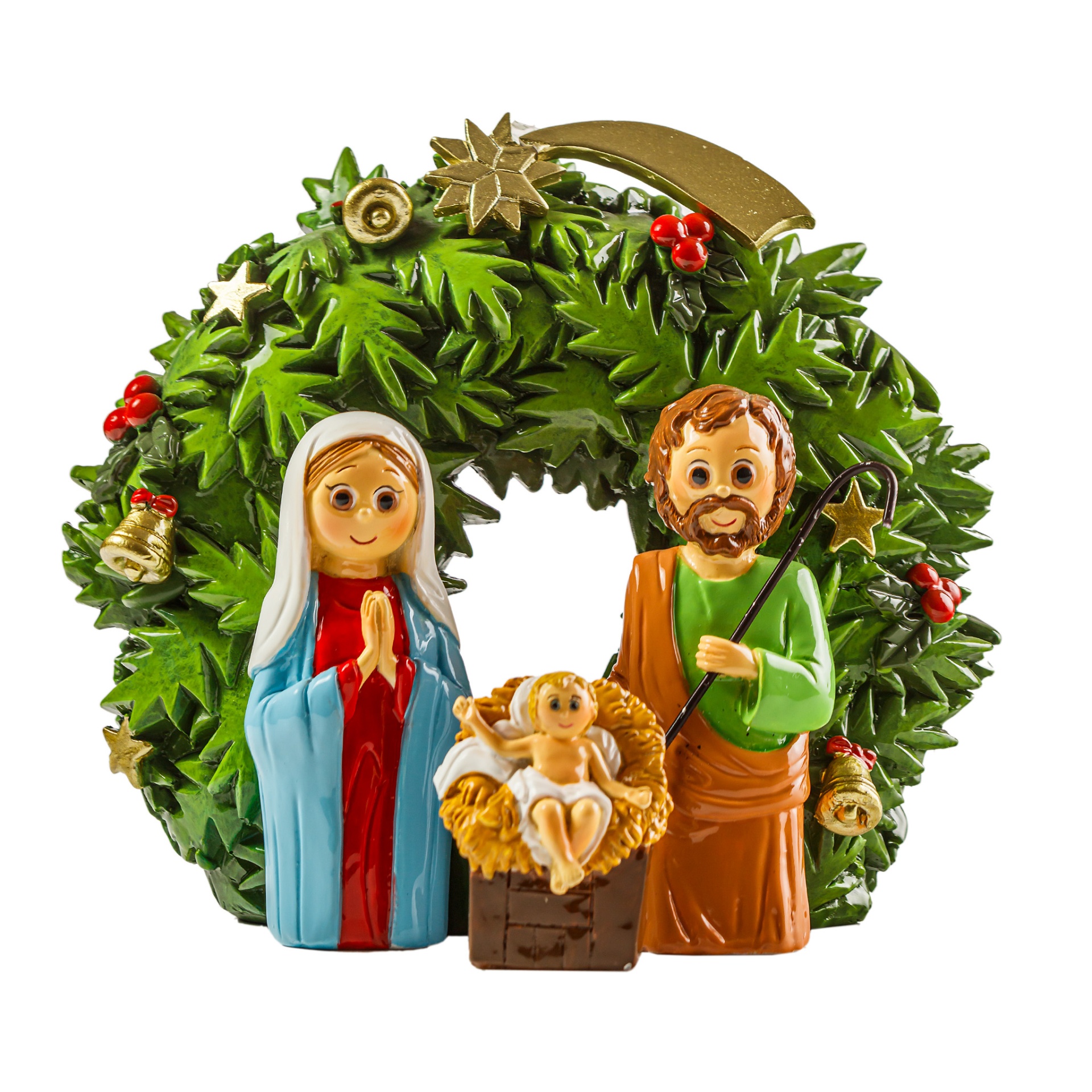 Figura decorativa de Natal com presépio em cerâmica colorida e coroa verde