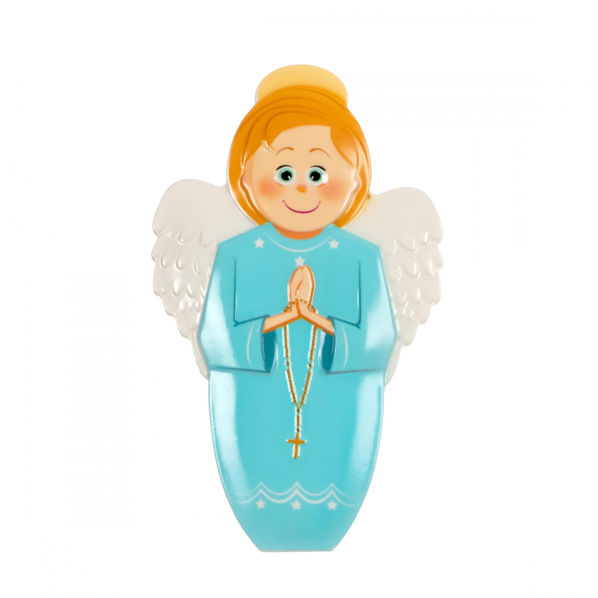 Figura decorativa de anjo azul claro com asas brancas segurando terço