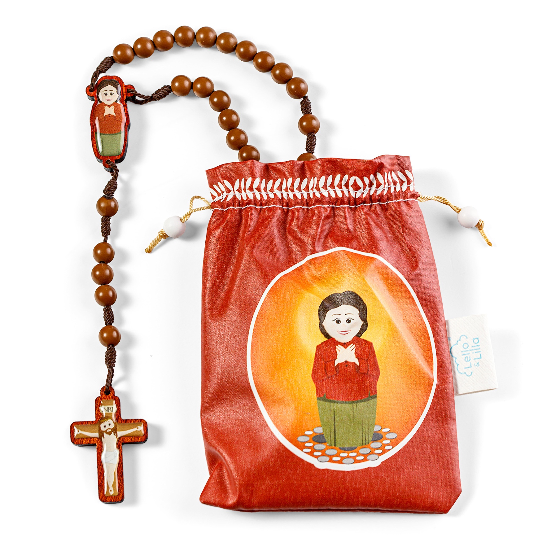 Rosário de contas de madeira com bolsa vermelha desenhada