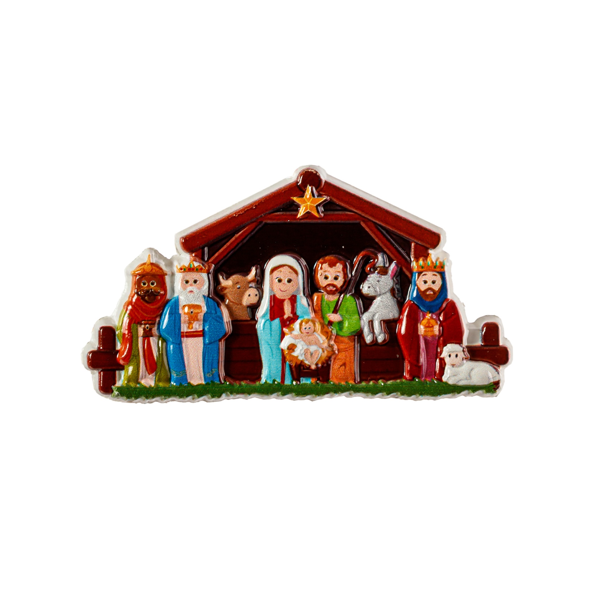 Conjunto de presépio de cerâmica colorido com personagens principais e animais numa manjedoura.