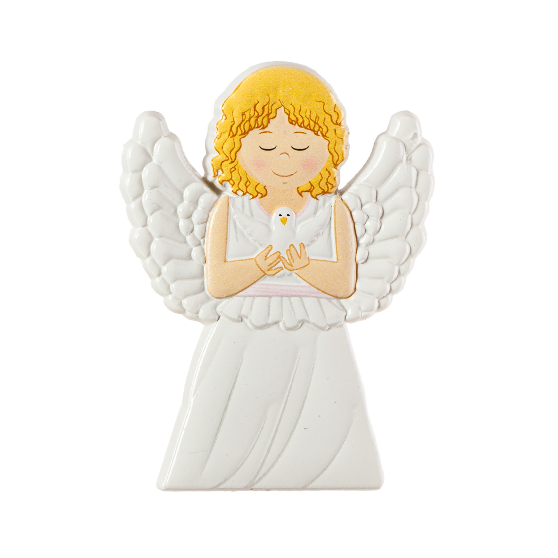 Figura decorativa de anjo com vestido e asas brancas, cabelo amarelo e pomba branca nas mãos