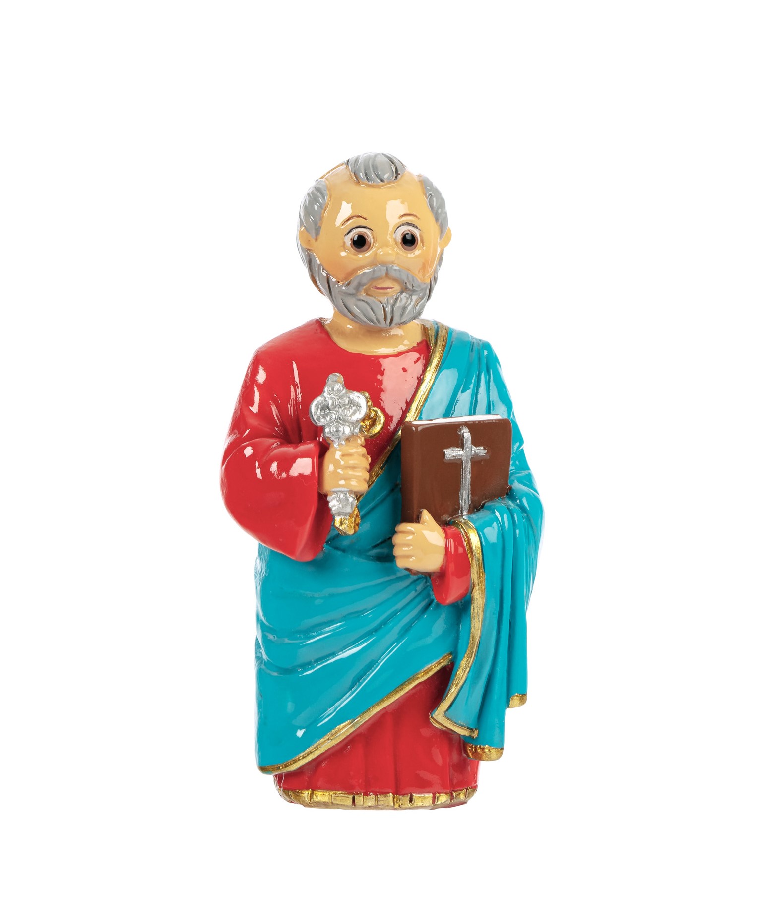 Estátua religiosa de um santo com manto vermelho e azul segurando livro e chave