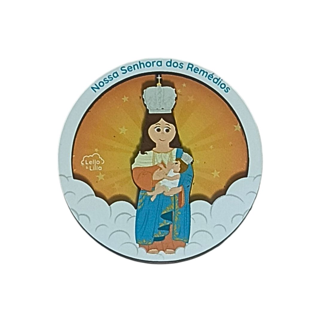 Desenho redondo de Nossa Senhora dos Remédios com coroa e menino Jesus