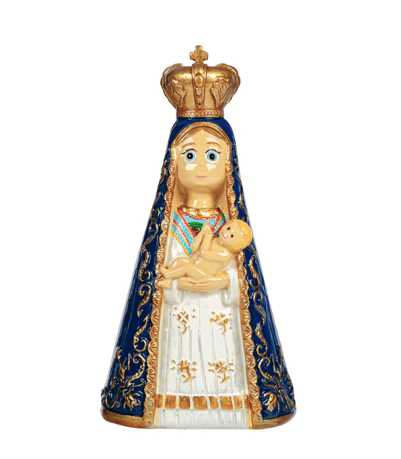 Estátua religiosa da Nossa Senhora com manto azul e dourado e coroa