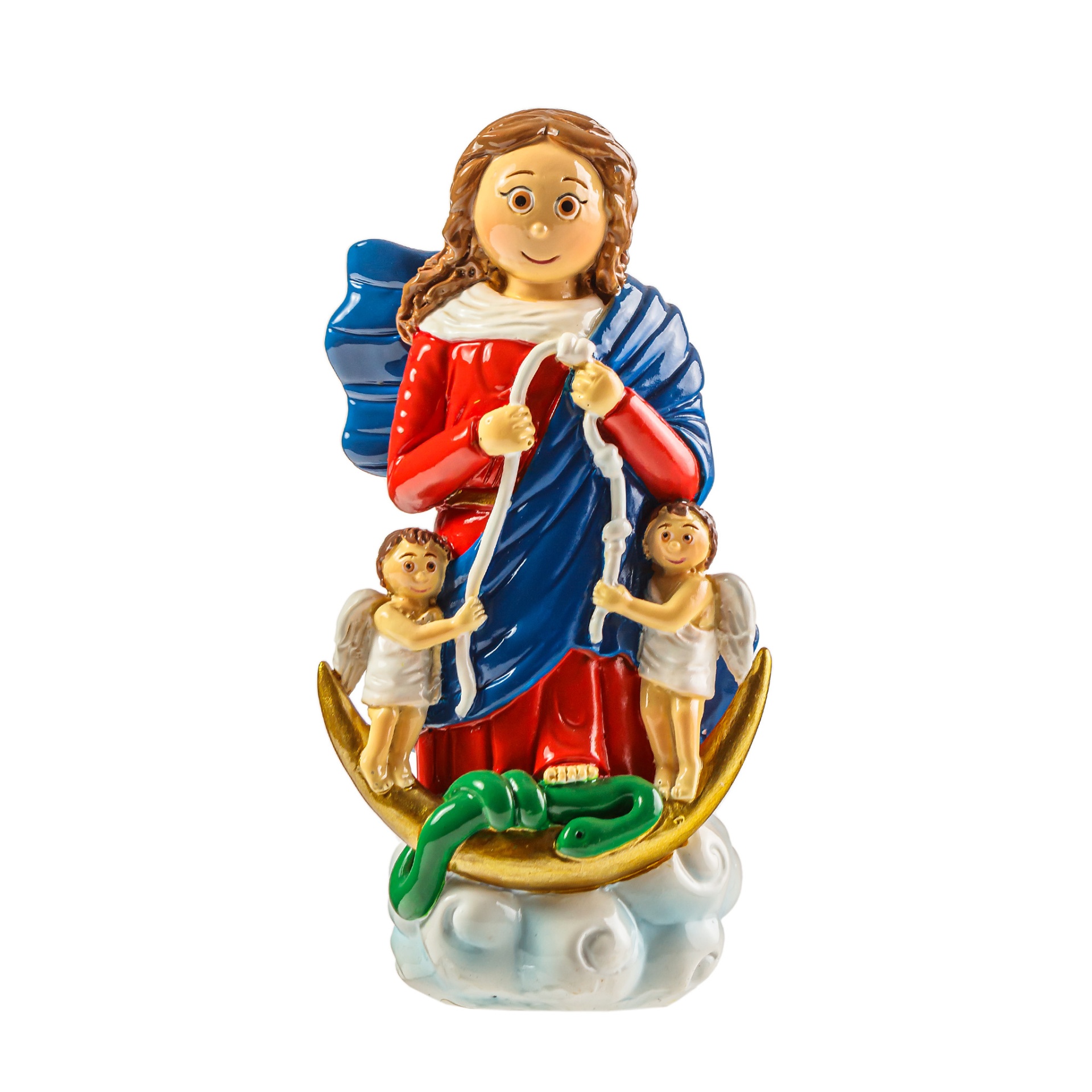Figura decorativa de mulher com capa azul e anjos sobre nuvens