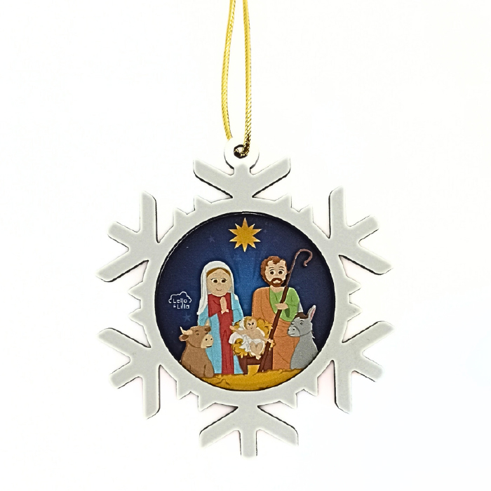 Enfeite de Natal com floco de neve e presépio pintado no centro